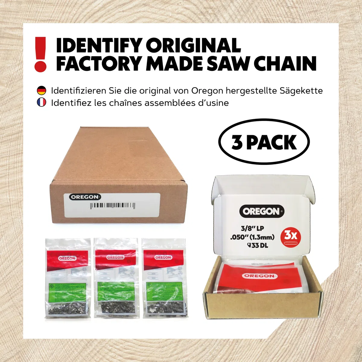 Oregon 3-Pack Pole Saw Chain 3/8" LP Pitch, 050" (1,3 mm) Gauge do 8" (20 cm) Bar, 33 napędowe linki - Niski łańcuch odrzutowy pasuje do Einhell, Bosch, Black & Decker, Ryobi, Lux i innych