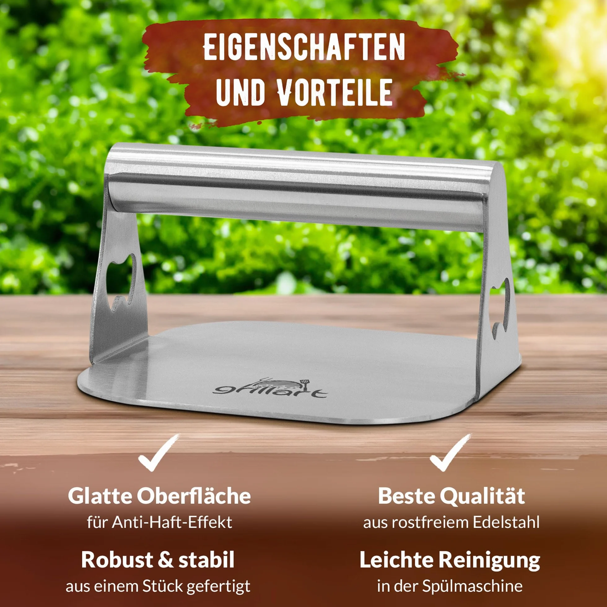 grillart® Premium prasa do burgerów z wysokiej jakości stali nierdzewnej na burgery typu smashed, w zestawie z 30 szt. papieru do burgerów – prasa do burgerów do użytku na planczy i teppanyaki – prasa