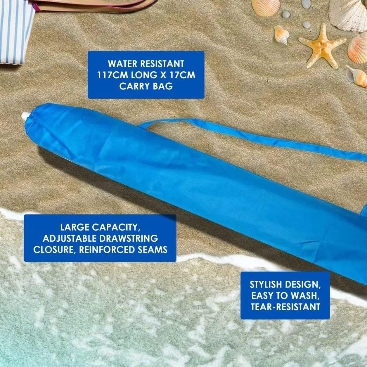Pokrowiec na parasol plażowy z wytrzymałym uchwytem. Pokrowiec na parasol plażowy z niebieską rączką. Akcesorium uzupełniające lub zamienne do parasoli plażowych.