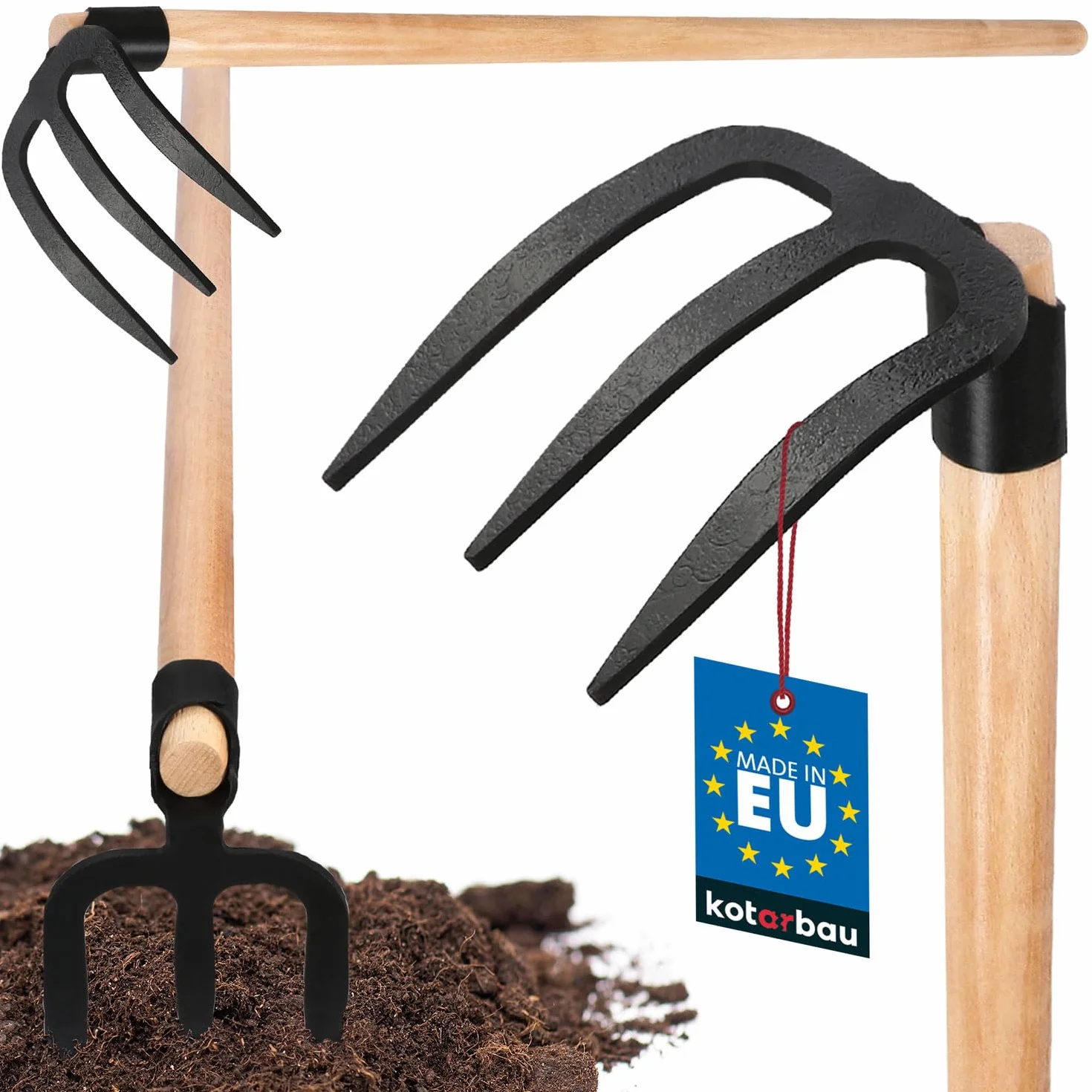 KOTARBAU® Motyka do ziemniaków z 3 zębami, drewniany trzonek 110 cm, rolnicza motyka ze stali, narzędzie ogrodnicze, akcesoria ogrodowe, narzędzia ogrodowe, narzędzia ogrodowe, narzędzia ręczne, hak