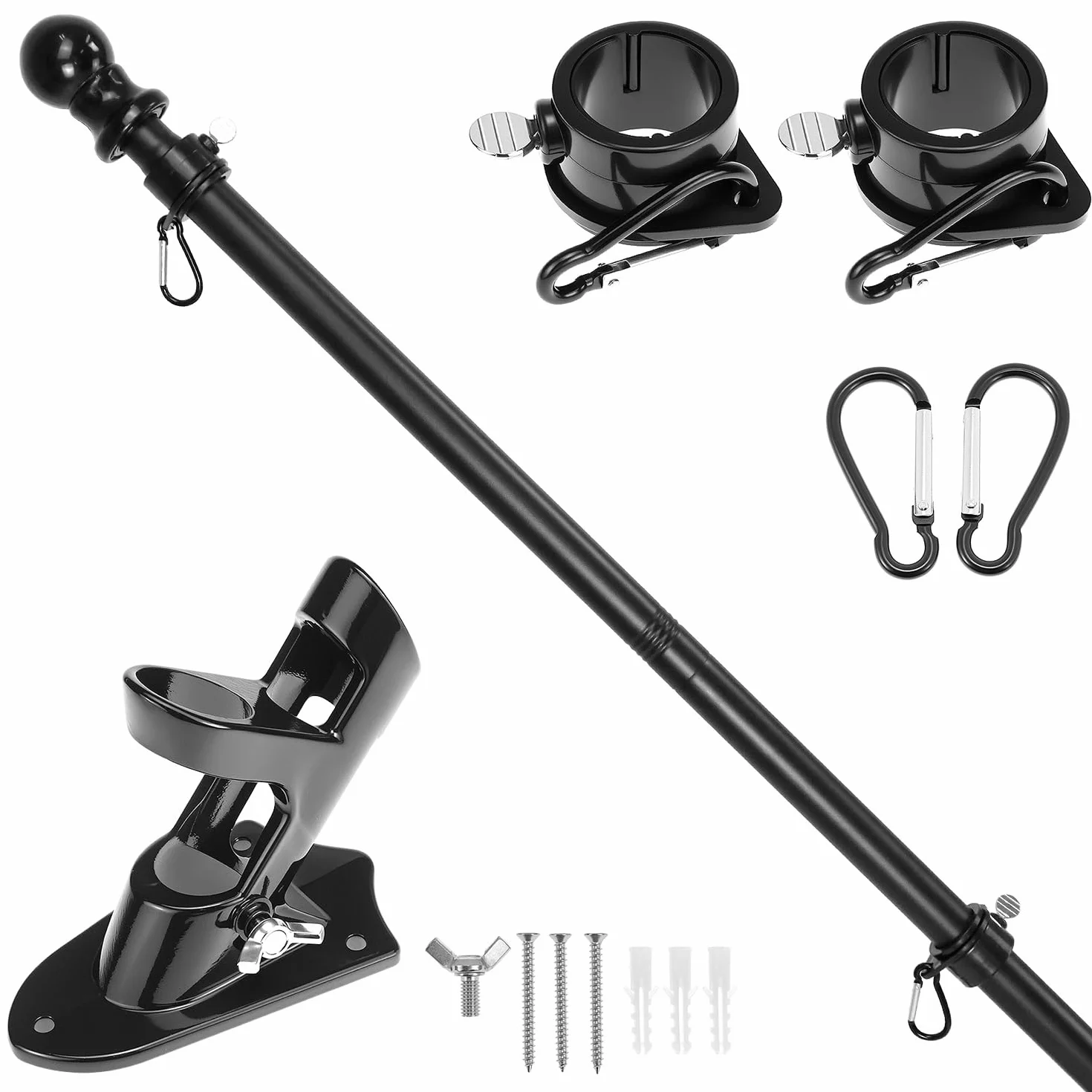QWORK® Nieplączący się zestaw masztu flagowego – 1,8 m, metalowy maszt flagowy z uchwytem ściennym, nakładką kulkową i pierścieniami obrotowymi o 360°, do użytku na zewnątrz, domu, ogrodu,
