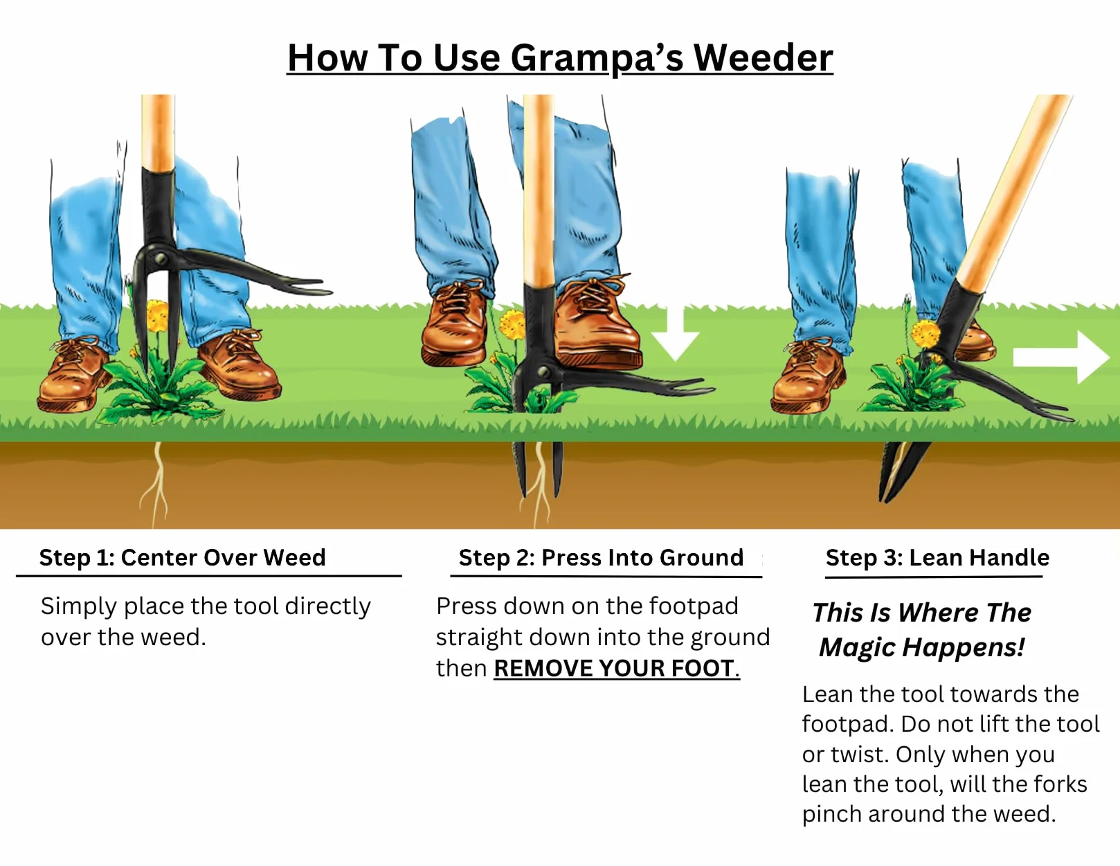 Grampa's Weeder - Oryginalne narzędzie do wyciągania chwastów z długim uchwytem - wykonane z prawdziwego bambusa i 4-pazurowej stalowej głowicy - łatwe usuwanie chwastów bez zginania, ciągnięcia lub