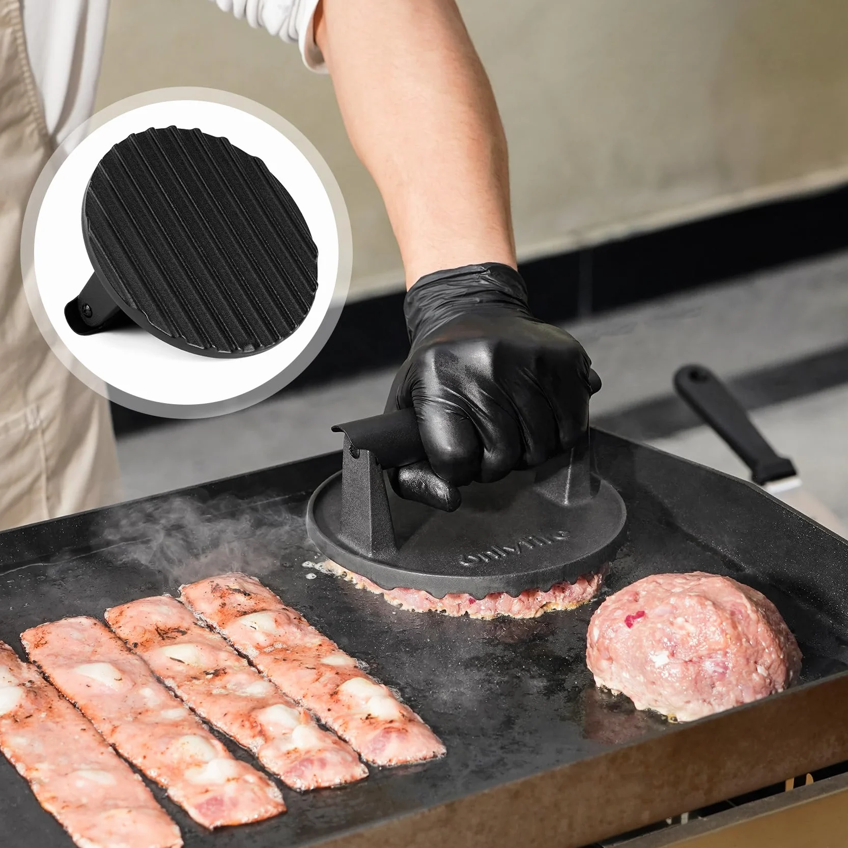 onlyfire Zestaw sztućców do grilla 4-częściowy żeliwna prasa do burgerów szczypce