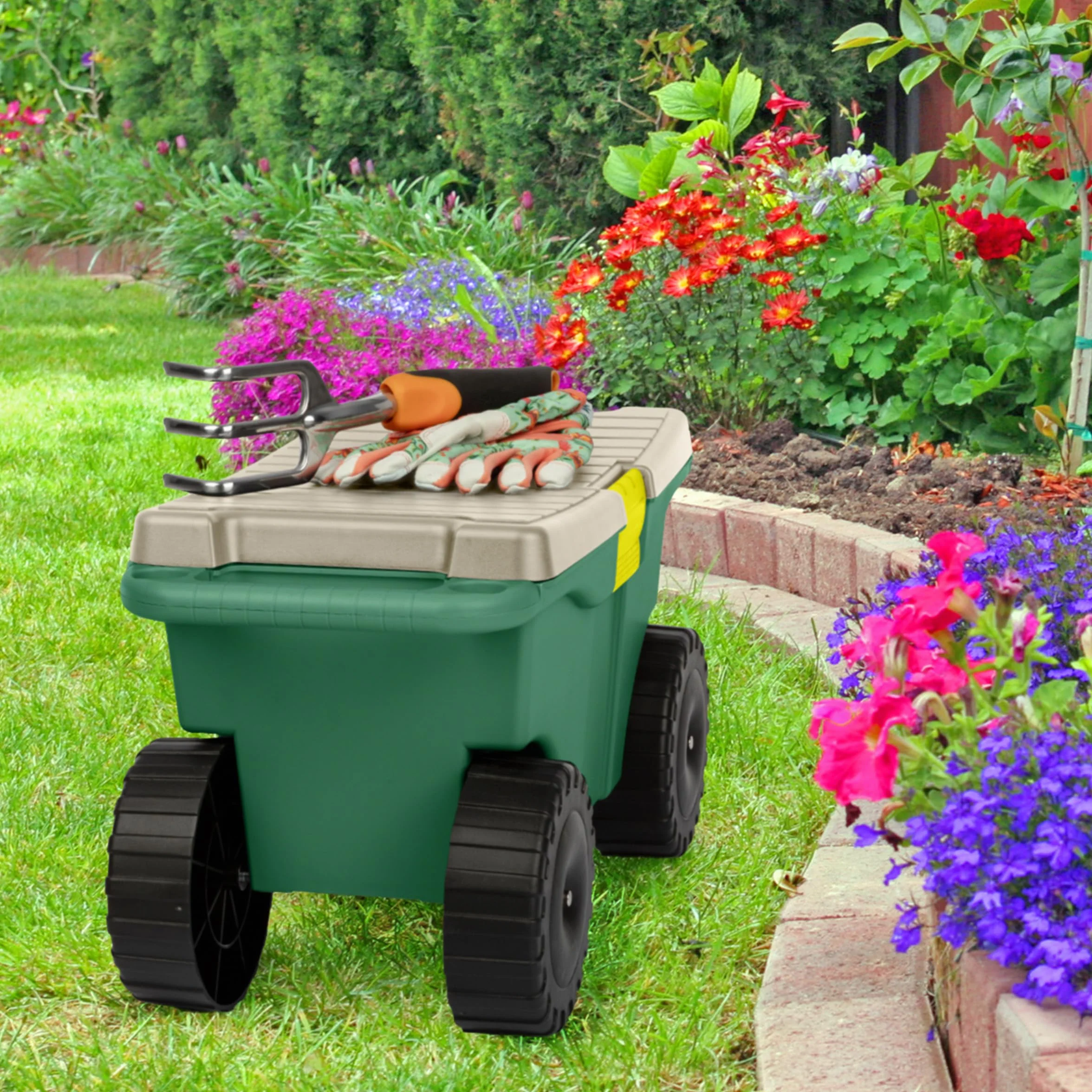 Wózek ogrodowy na kółkach z siedziskiem, plastikowy schowek z ławką i wewnętrzną tacą na narzędzia, stołek ogrodniczy do pielenia i sadzenia od Pure Garden (zielony)