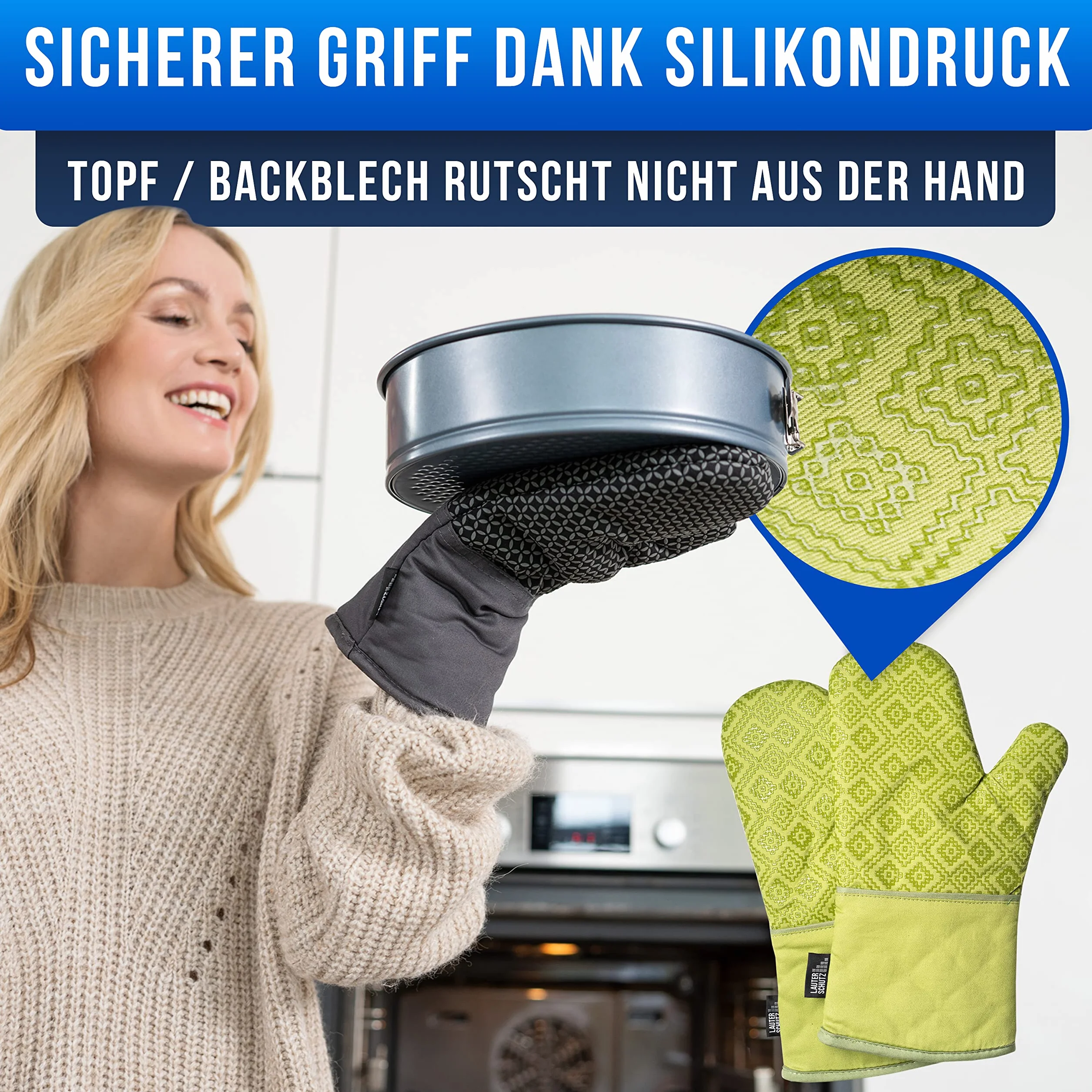 LAUTER SCHUTZ ® rękawice kuchenne w parze, z powłoką silikonową zapewniającą optymalną przyczepność i odporność na wysokie temperatury (ciepło kontaktowe: 250°C), nadają się do kuchni i grillowania, kolor tęczowy.