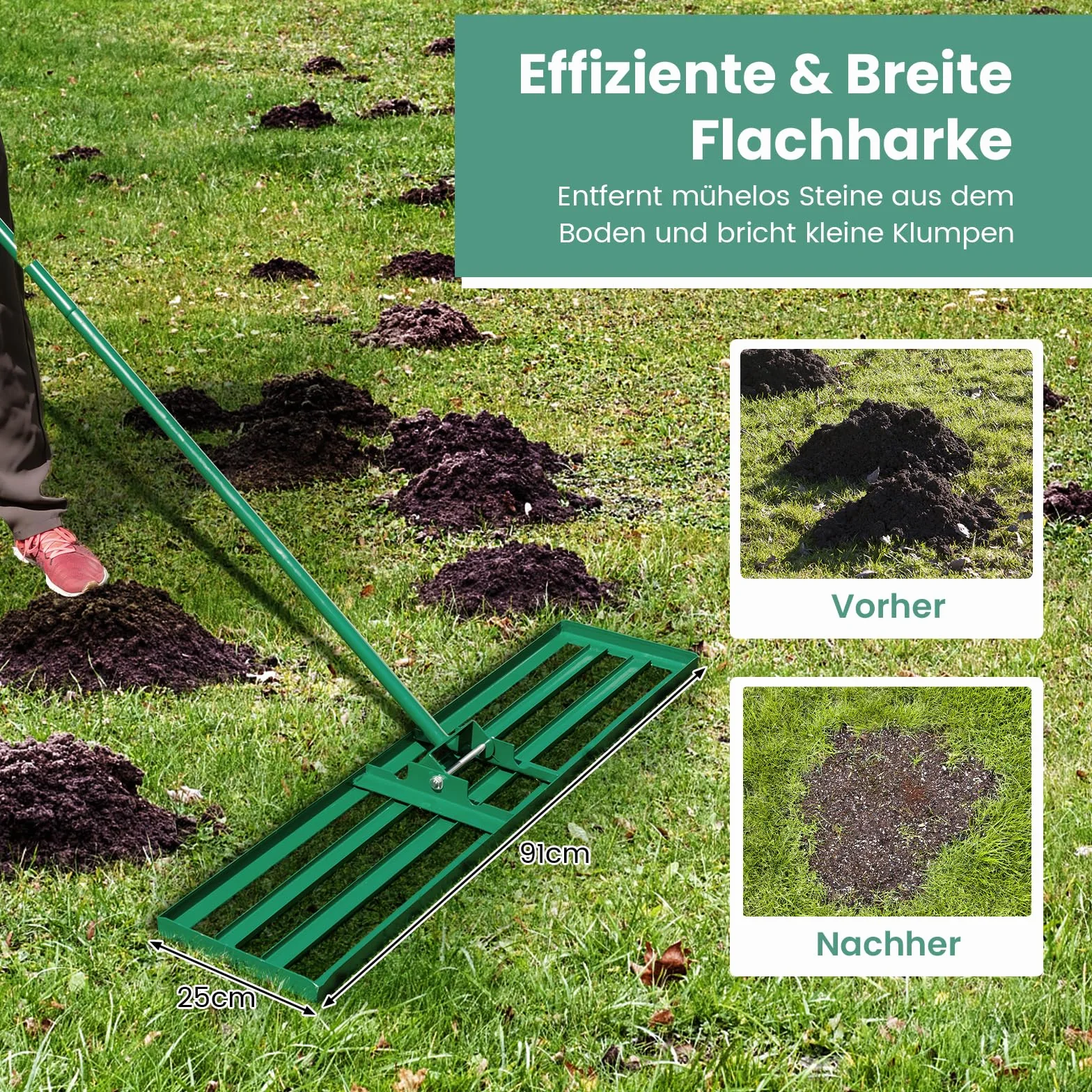 COSTWAY Gräsutjämnare, i metall med ergonomiskt handtag, utjämningskratta för gräsmatta och sand, för trädgård och golfbana, grön (91 x 25 cm)