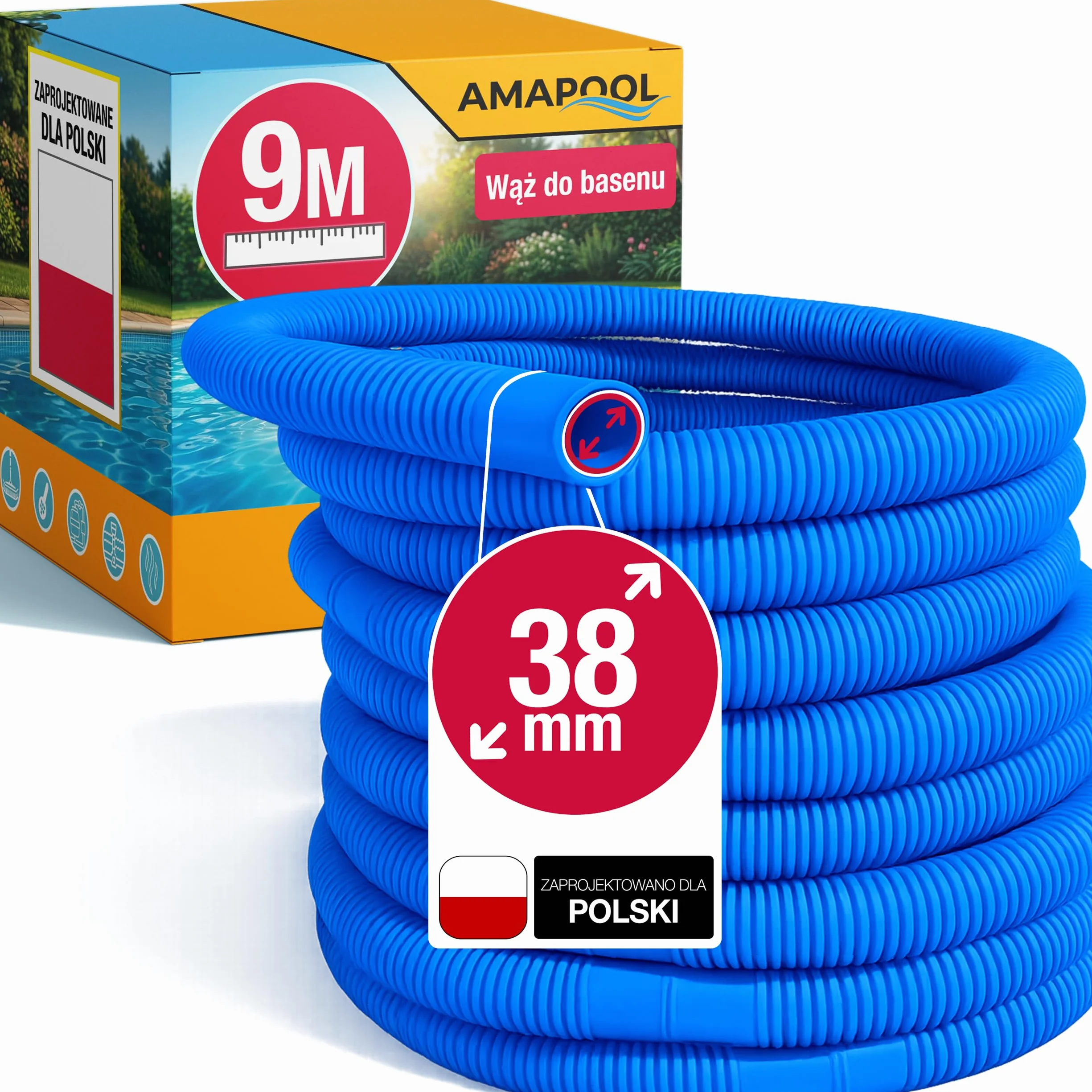 Amapool Wąż basenowy 38mm 9m niebieski – Elastyczny rozłączny do pompy skimmera filtra piaskowego