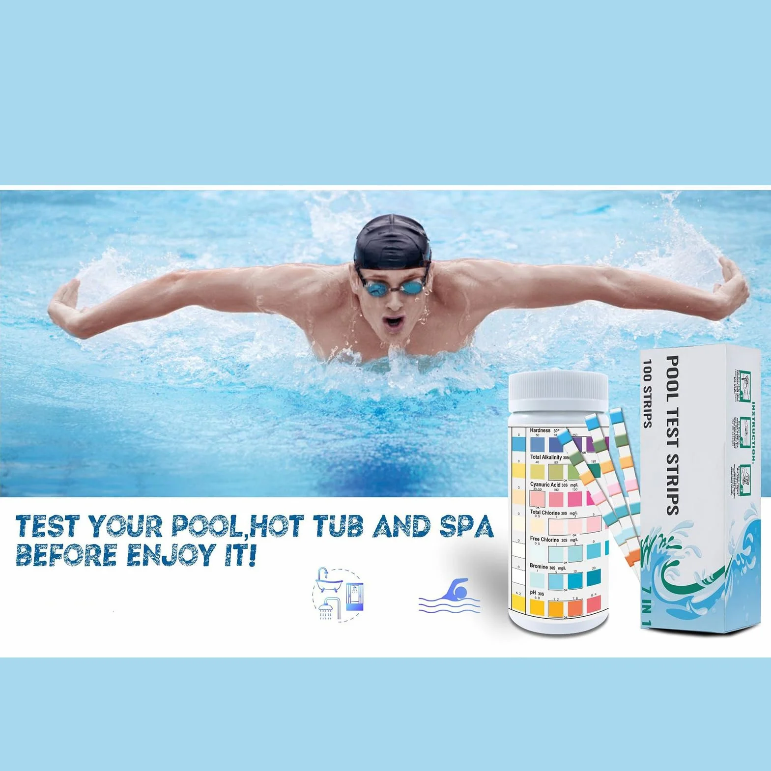 Pool Water Testing Strips, Water Quality Tester, 1.89x4.41in 100-Piece Quick and Simple to Use, Accurate Test for Homeowners, Swimmers, Hot Tub Users, Spa Owners, and Aquarium Enthusiasts
