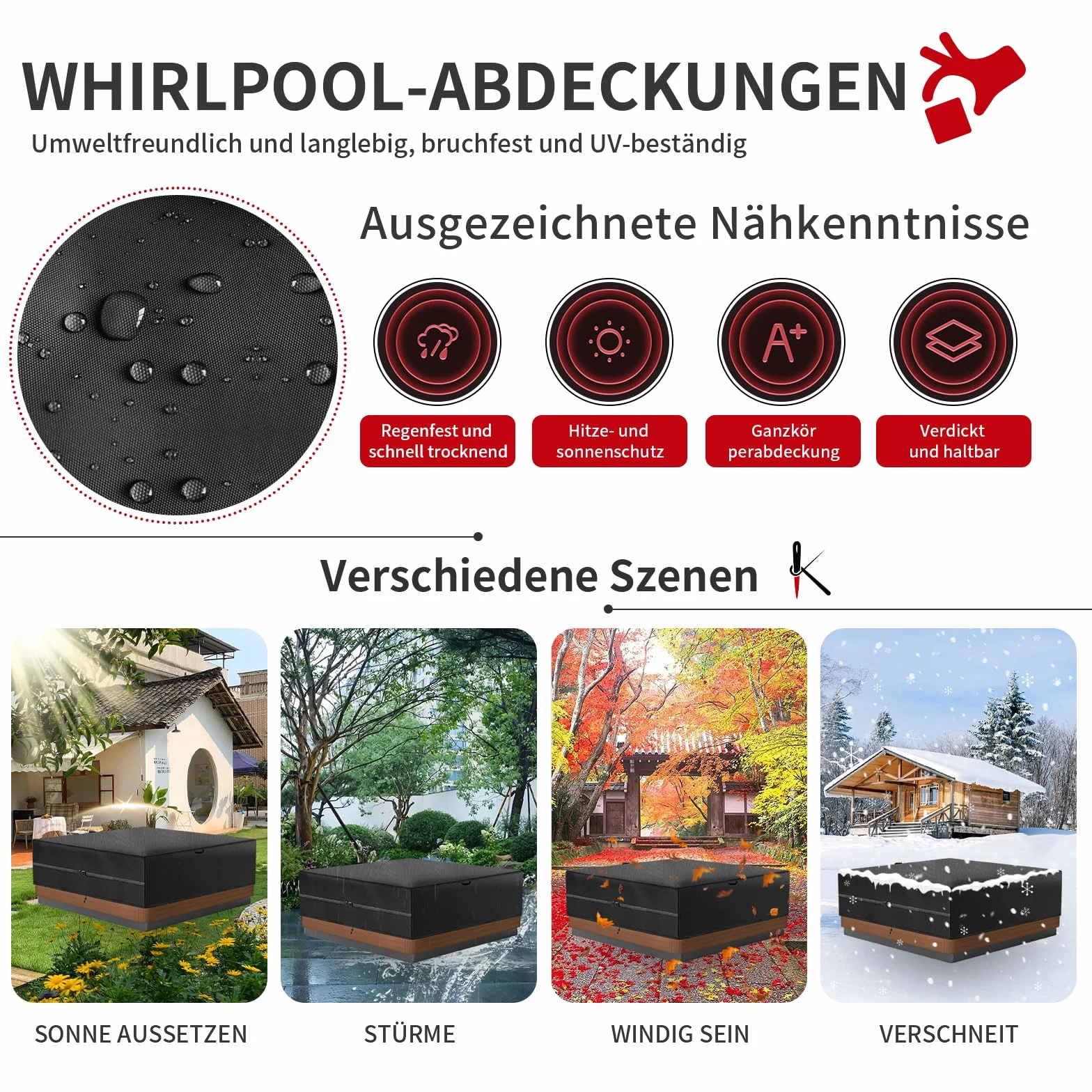 Wodoodporny pokrowiec na wannę z hydromasażem, zewnętrzny basen z hydromasażem Pokrowiec ochronny z liną i uchwytami420D (220 x 220 x 85 cm, czarny)