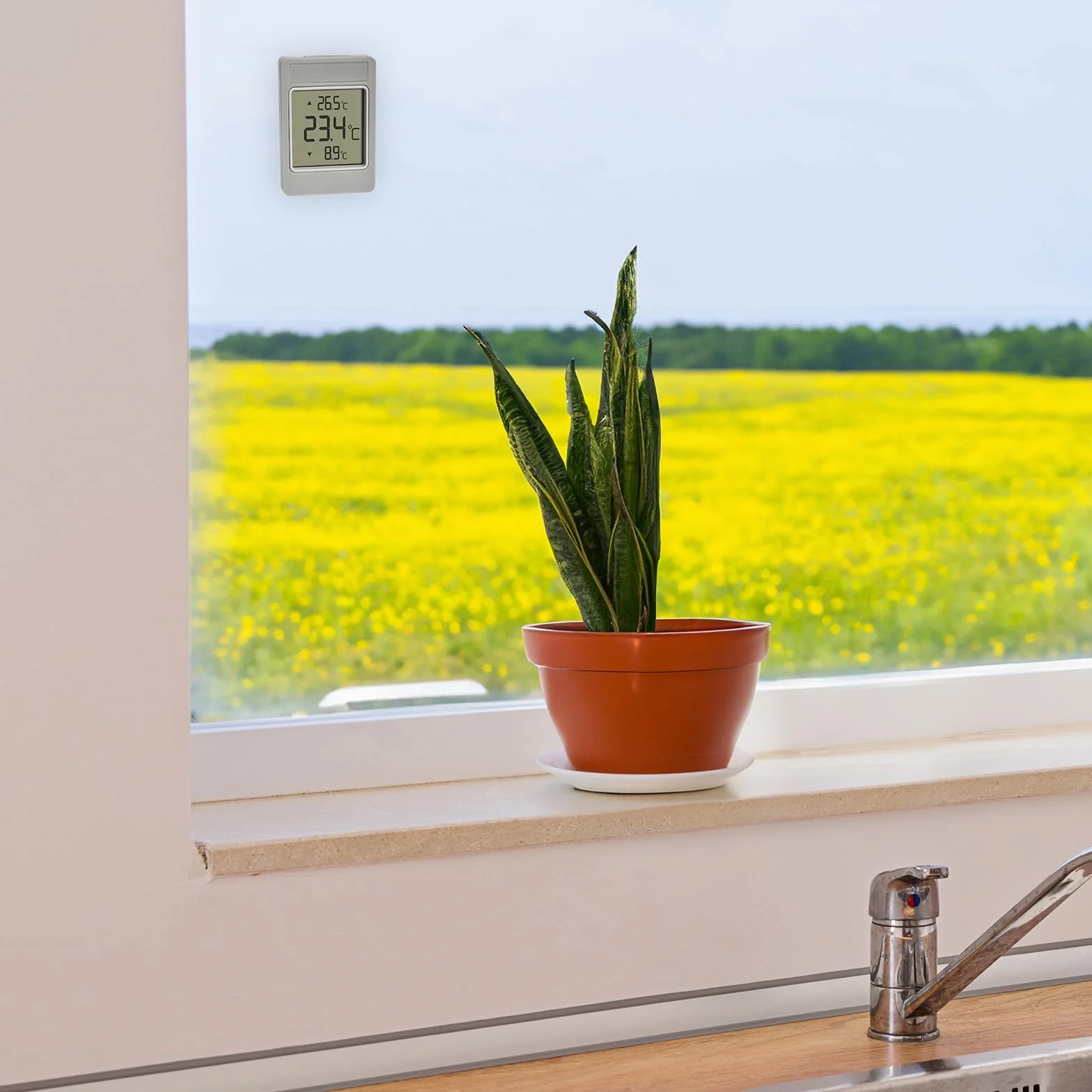 TFA Dostmann WINDOO 30.1067.15 cyfrowy termometr okienny, odporny na warunki atmosferyczne, maks. wartości mini, z samoprzylepną folią, bez wiercenia, szaro-biały