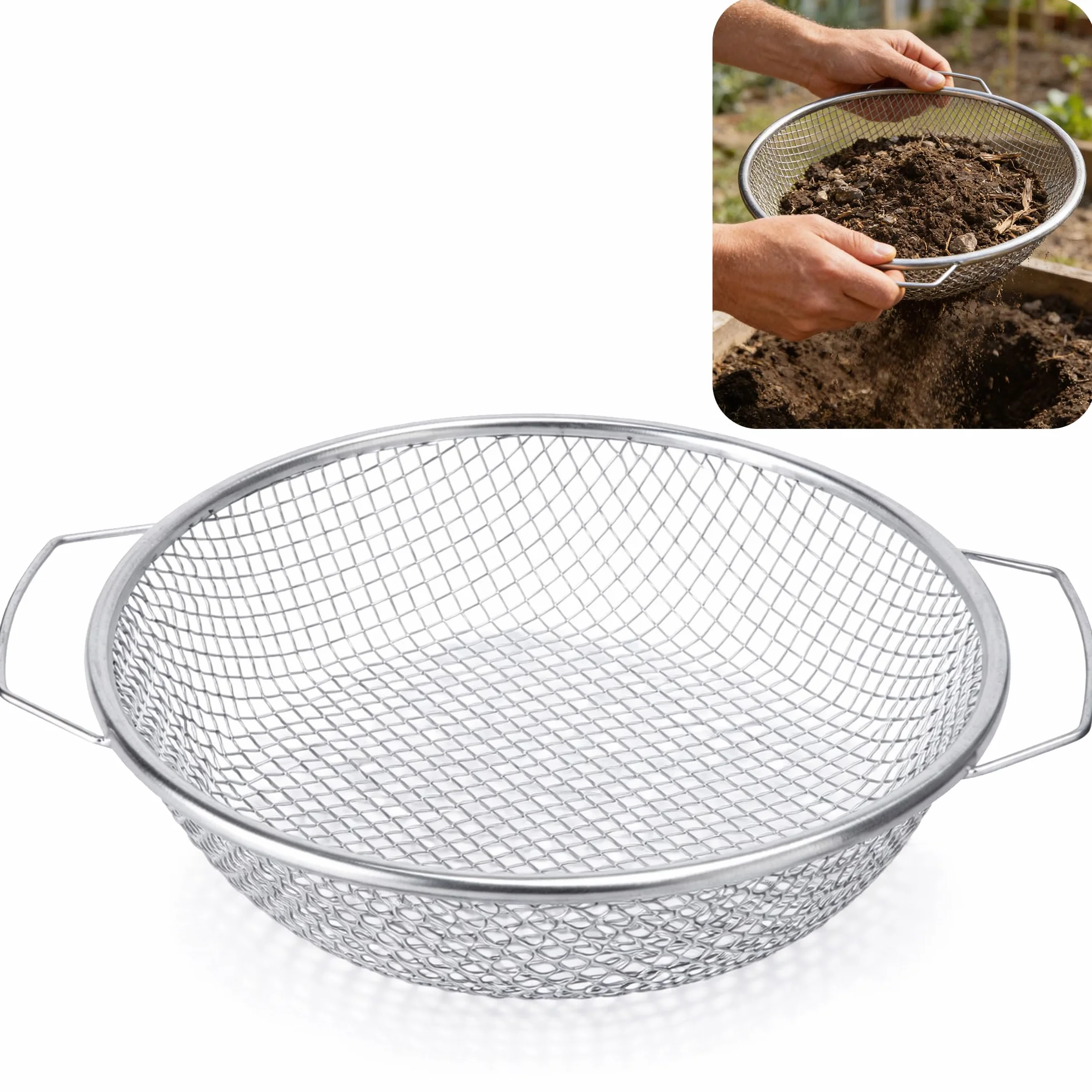 GIONAR Sito ogrodowe ze stali nierdzewnej, 30 cm, z uchwytem, metalowe okrągłe sito kompostowe do piasku, nasion, ziemi, kompostu, kamieni, chwastów, żwiru (siatka 6 mm)