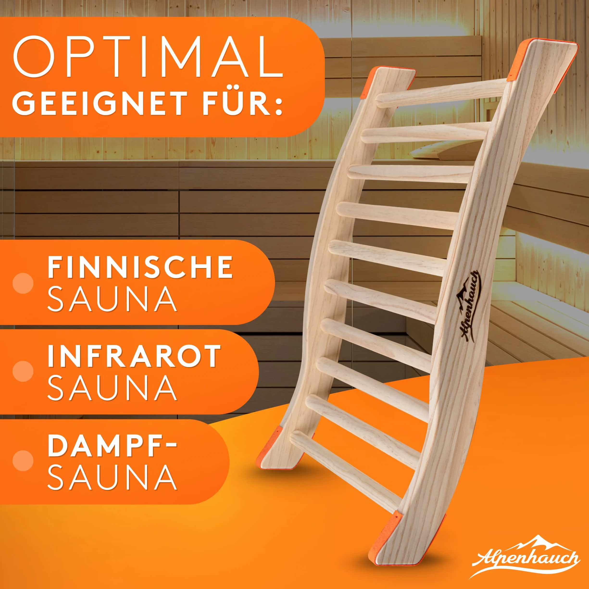 ALPENHAUCH Oparcie do sauny [wykonane w 100% z naturalnego drewna] – ergonomiczne oparcie z zakrzywionym kształtem S – szlachetne akcesoria do sauny, kabina na podczerwień – wygodne oparcie kabina na podczerwień – idealne dopasowanie