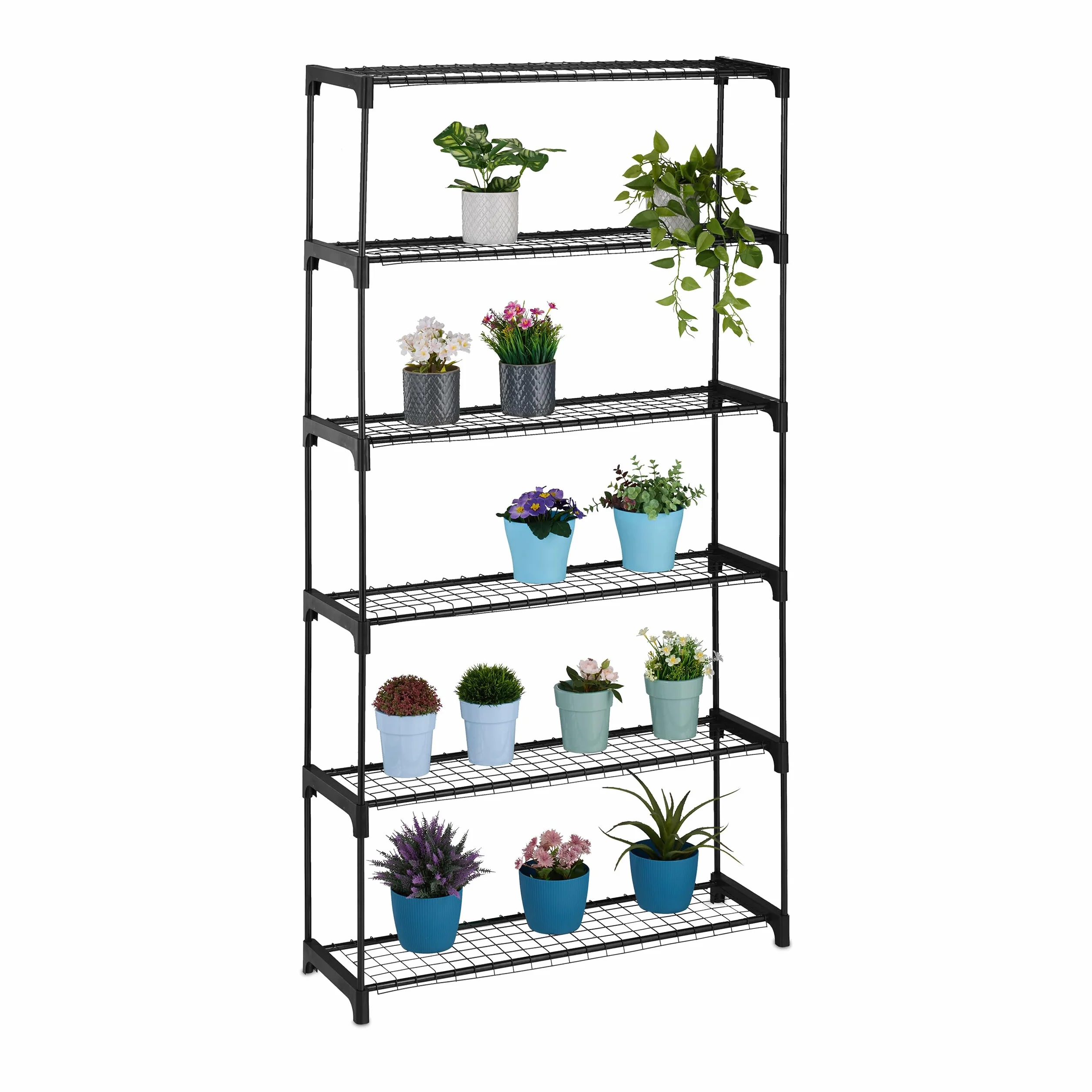 Relaxdays regał na rośliny 6-poziomowy 174 x 91 x 28 cm czarny stalowy plastik