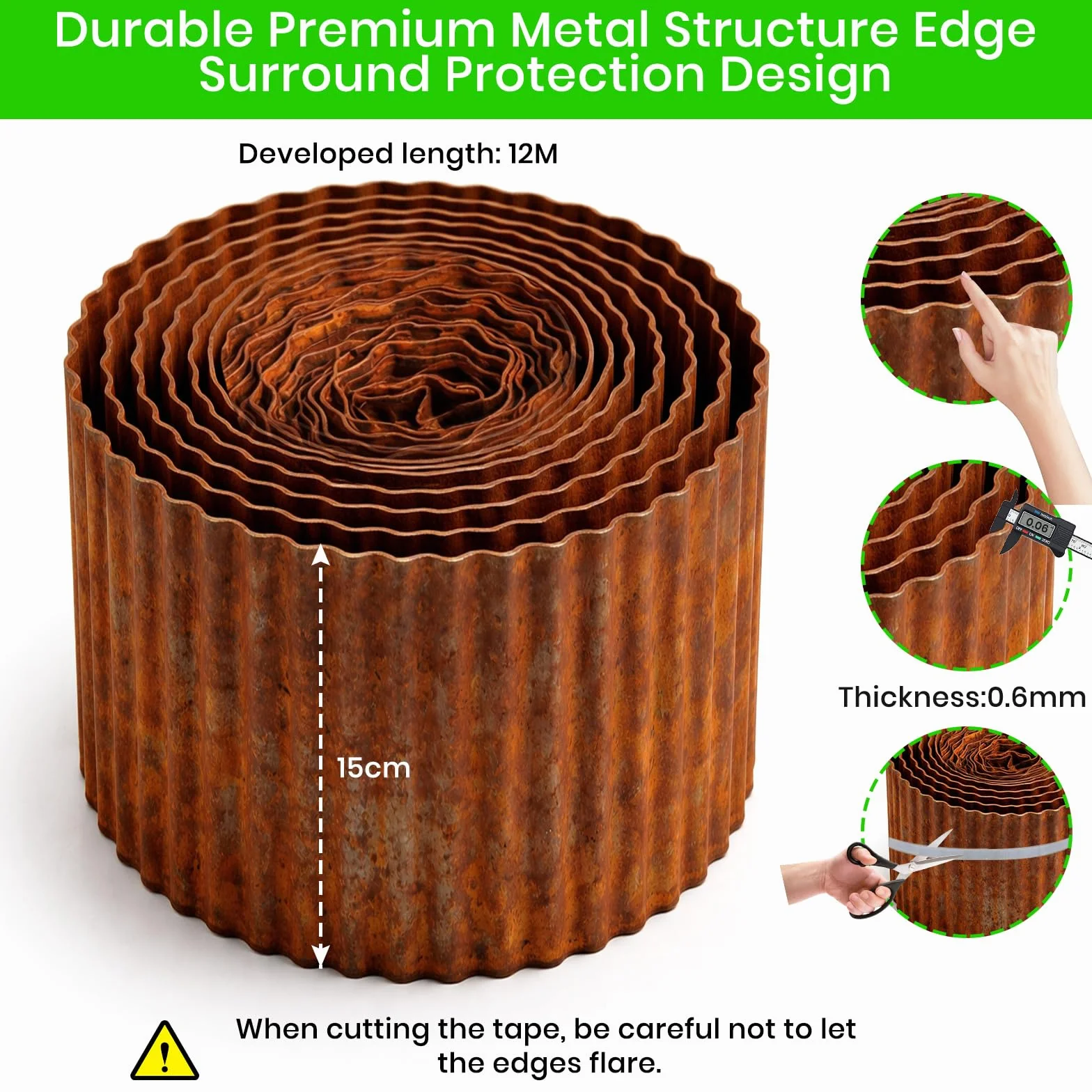 Obrzeże ogrodowe ze stali Corten 12 m x 14 cm, metalowe obramowanie trawnika, krawędź trawnika z rdzy, 1 para rękawic w zestawie, do ograniczania rabatek (kształt falisty, 12 m x 15 cm)