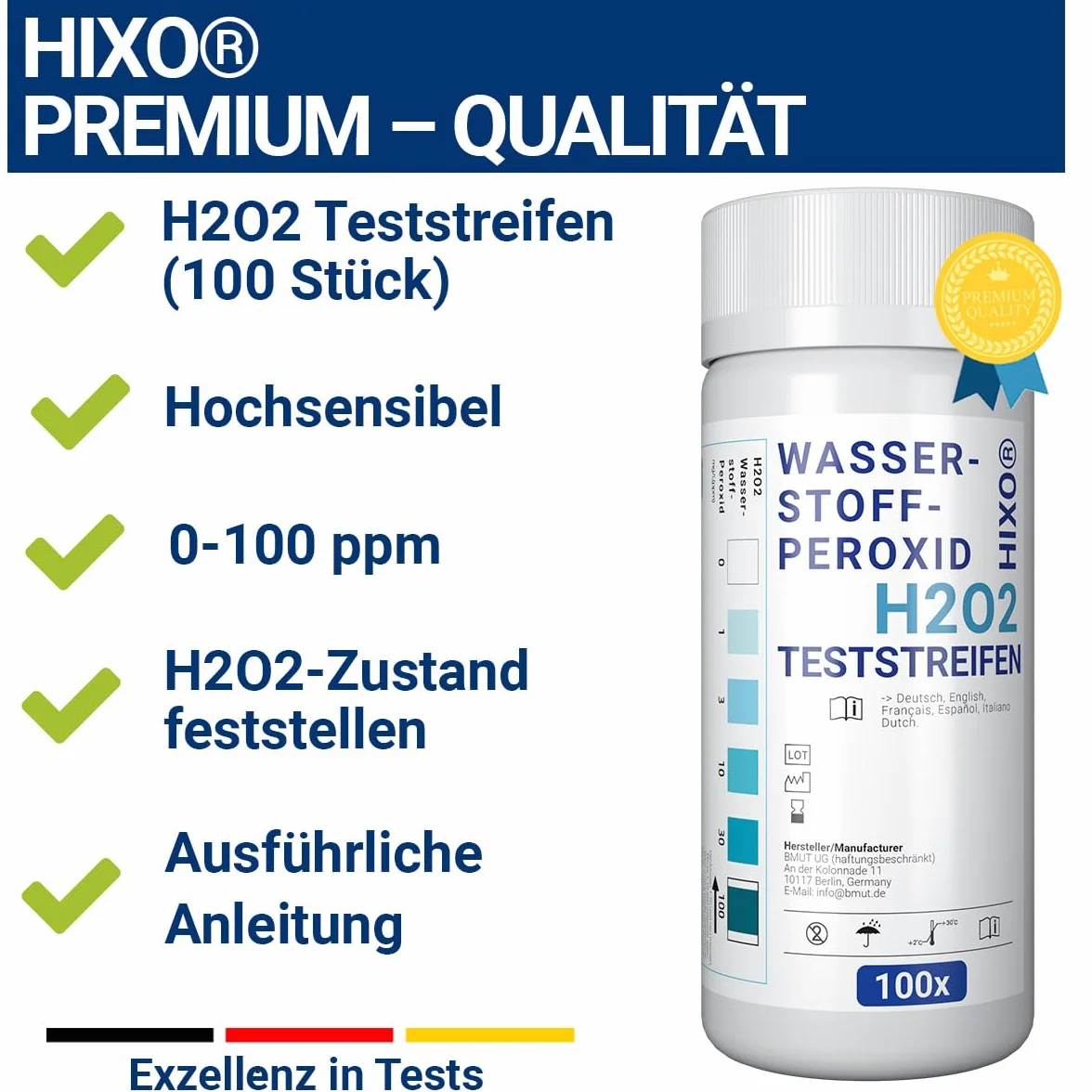100 x H2O2 paski testowe – test wody na nadtlenek wodoru 0-100 ppm – pomiar stężenia – szybkie i łatwe zastosowanie – w zestawie skala kolorów