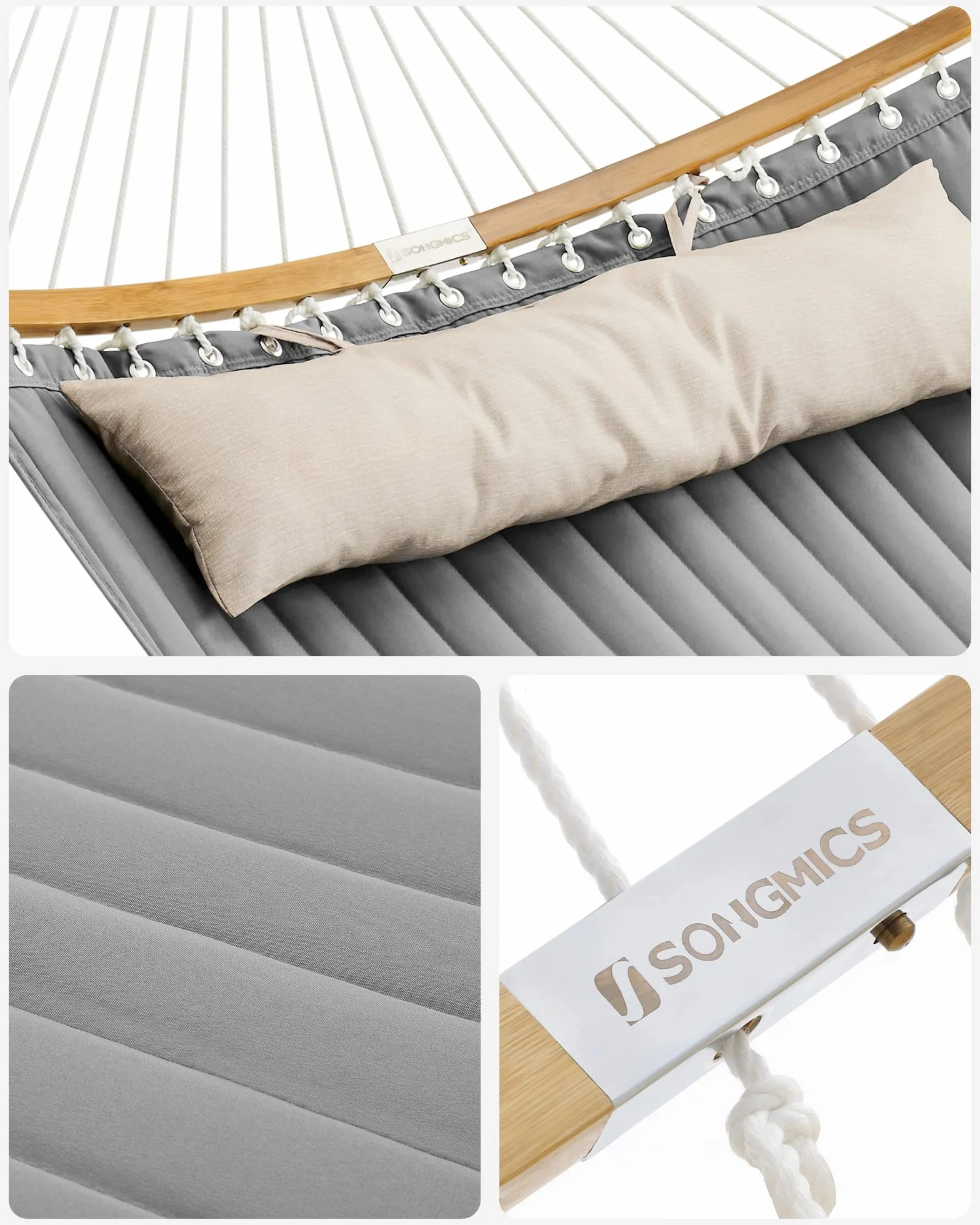 SONGMICS hamak dla 2 osób, wyściełany, pikowany, z podzielnymi giętymi bambusowymi kijami, z poduszkami, tkanina Oxford, 200 x 140 cm, nośność do 225 kg, szaro-beżowy GDC34CG