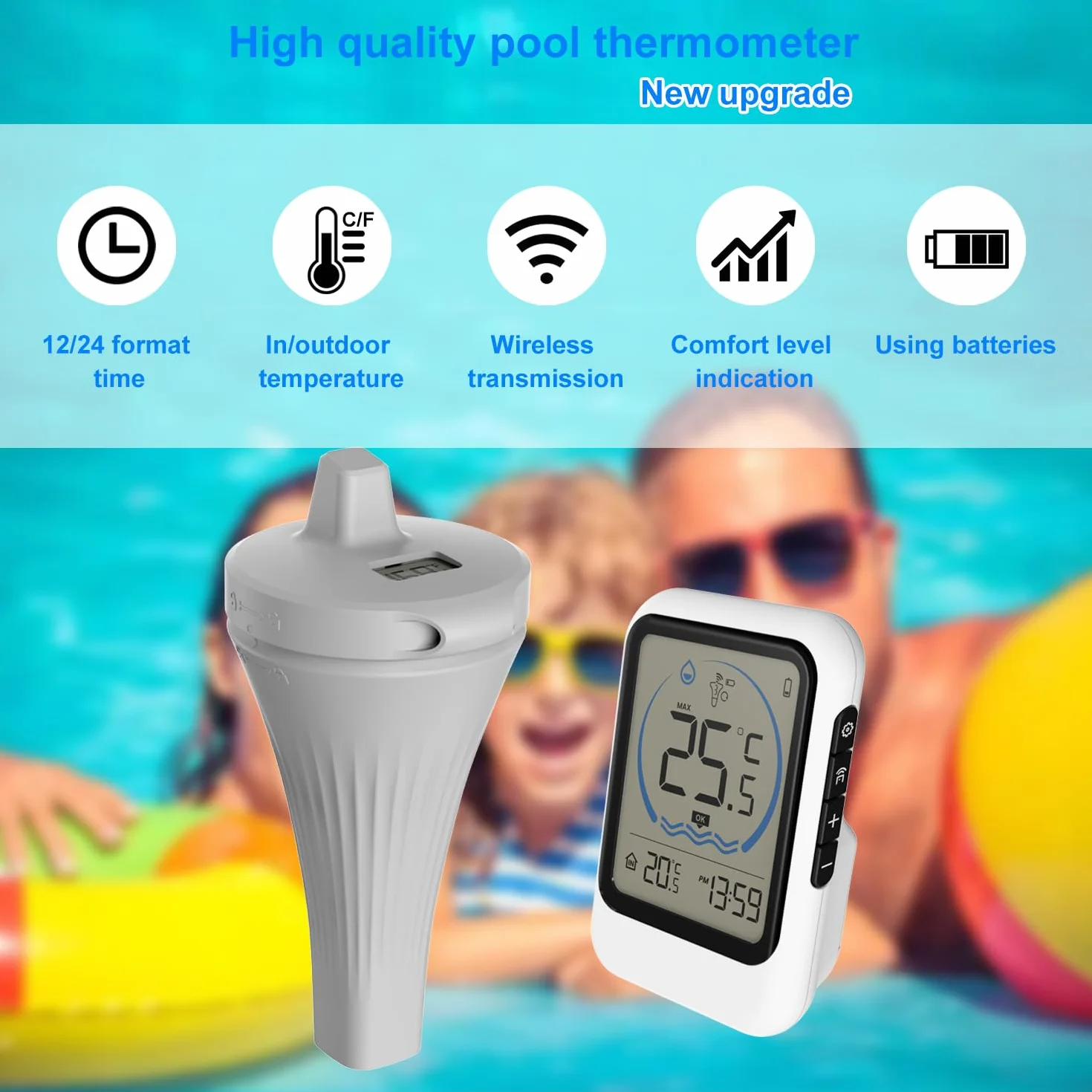 Bezprzewodowy termometr basenowy IP68 pływający czujnik temperatury wody z LCD zasięg 50 m
