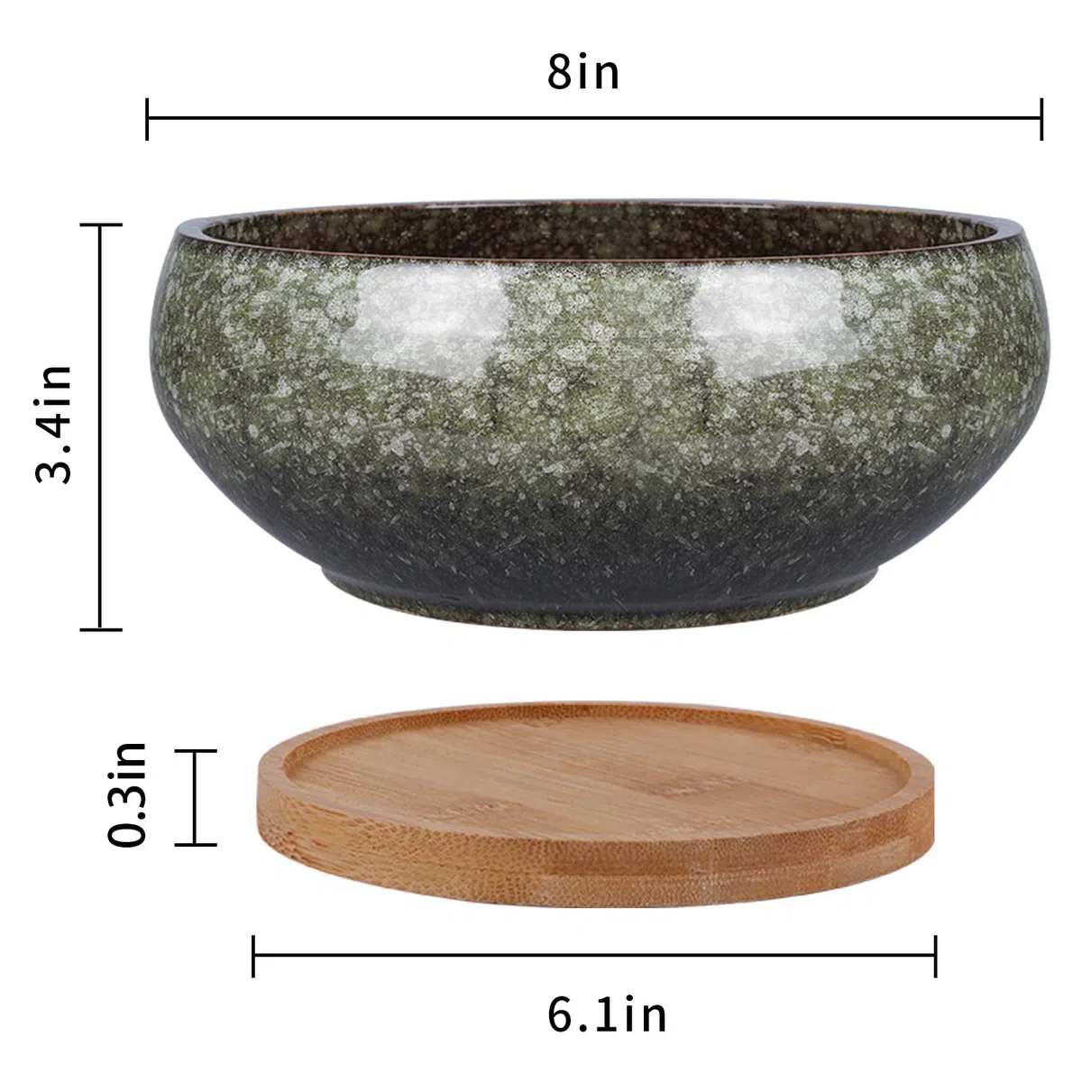 Ceramiczna doniczka bonsai, glazurowana płytka doniczka na sukulenty z otworem drenażowym i bambusowym spodkiem do roślin domowych, zielona