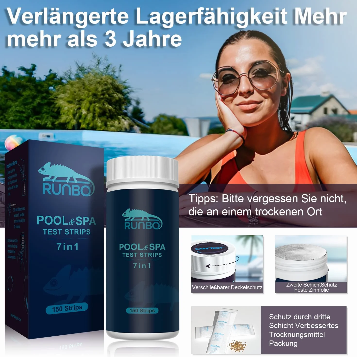 RUNBO Paski testowe 7 w 1 do basenów, 150 pasków testowych chemicznych spa, dokładny brom, całkowita zasadowość, PH, wolny chlor, całkowita twardość, całkowita twardość, kwas cyjanurowy i całkowita