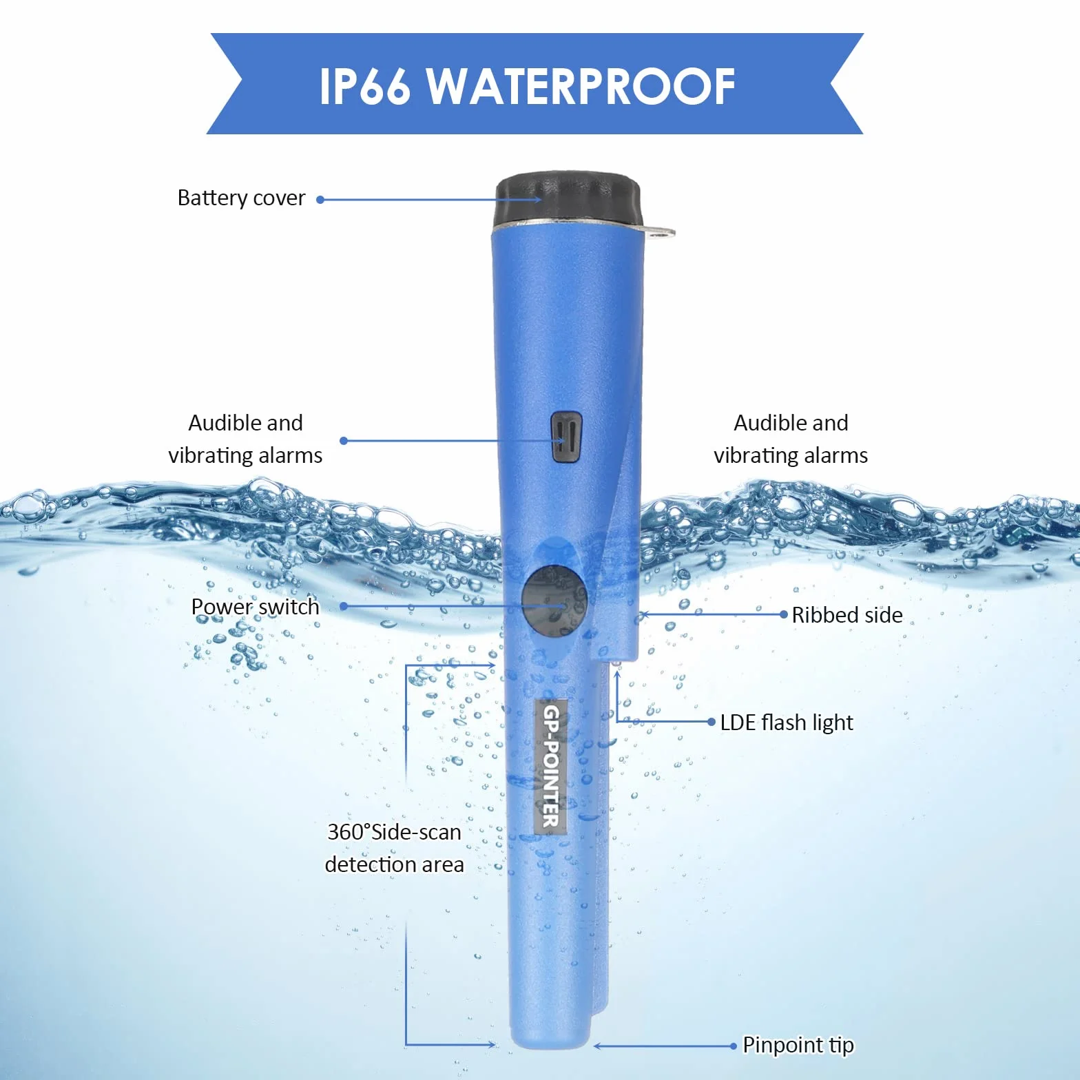 Diealles Shine® Wykrywacz metalu Pinpointer, wodoszczelny, przenośny wykrywacz metalu z wbudowanym wskaźnikiem LED, skan 360°, wykrywacz metalu do złotej monety, Hunt, biżuterii, Niebieski