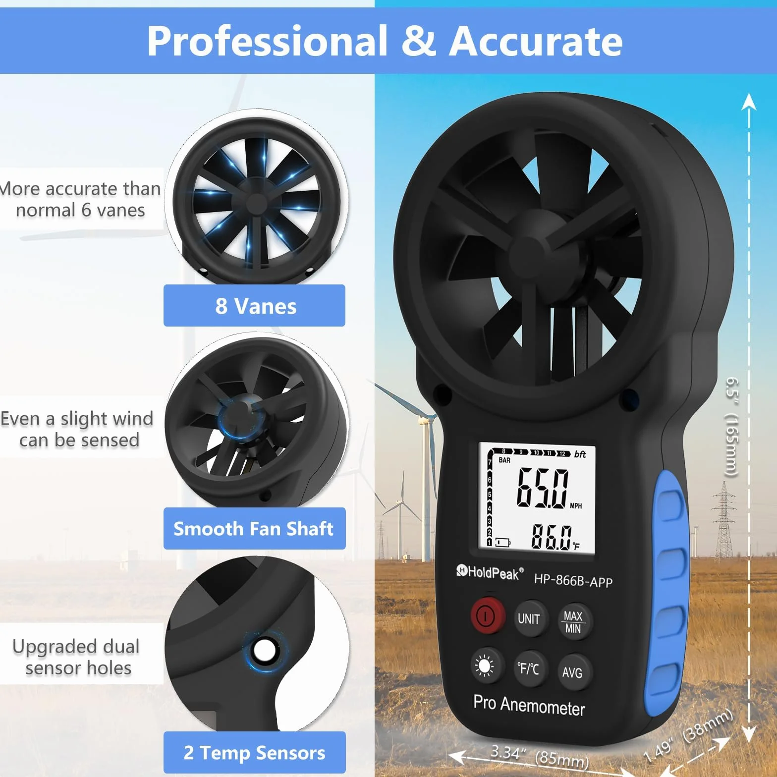 HoldPeak Cyfrowy anemometr HP-866B-APP Prędkość wiatru Bluetooth