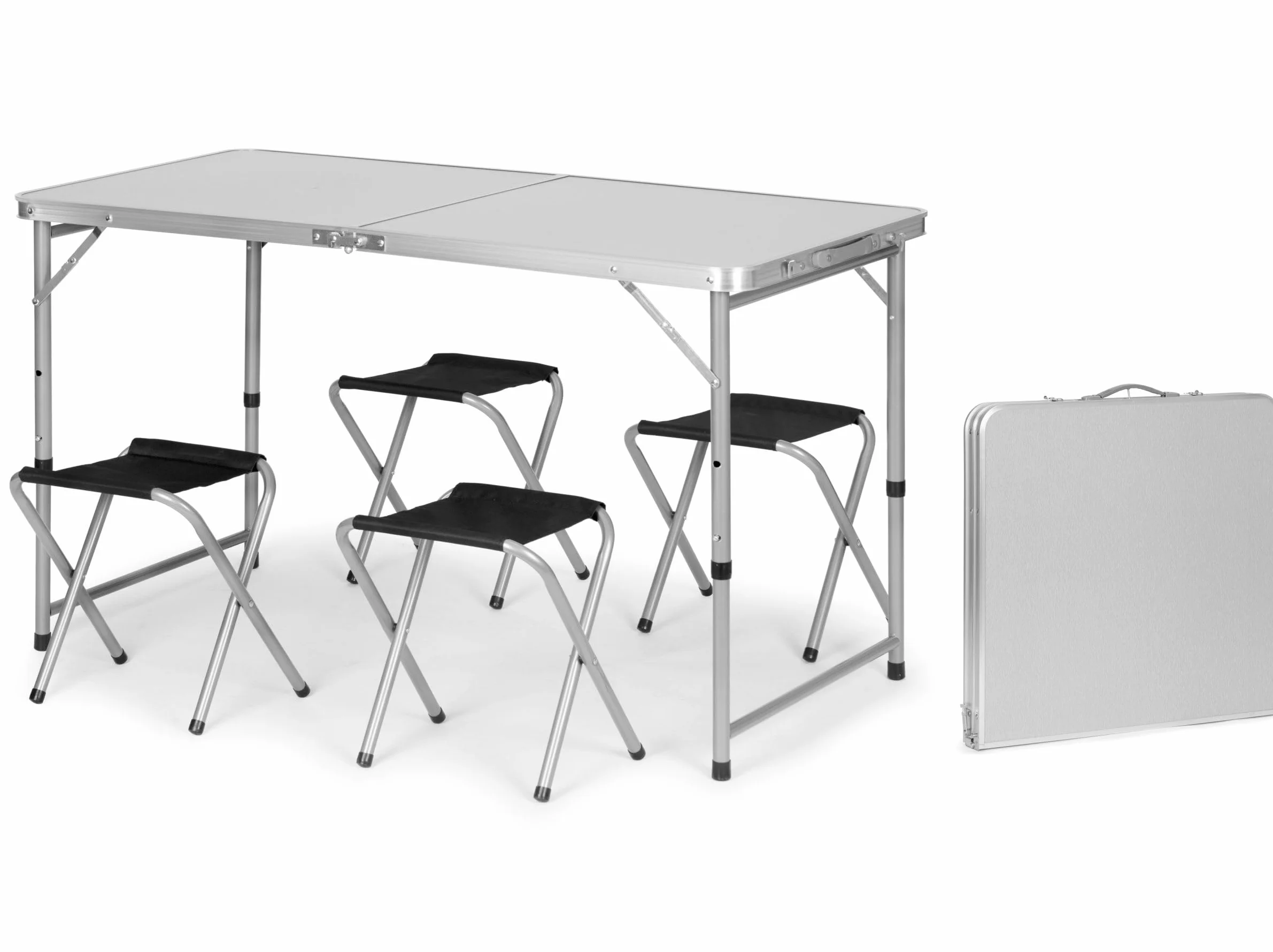 Stolik turystyczny stół składany ogrodowy walizka z uchwytem do przenoszenia i regulacją wysokości i zestawem 4 krzesełek 120x60x70 cm srebrny