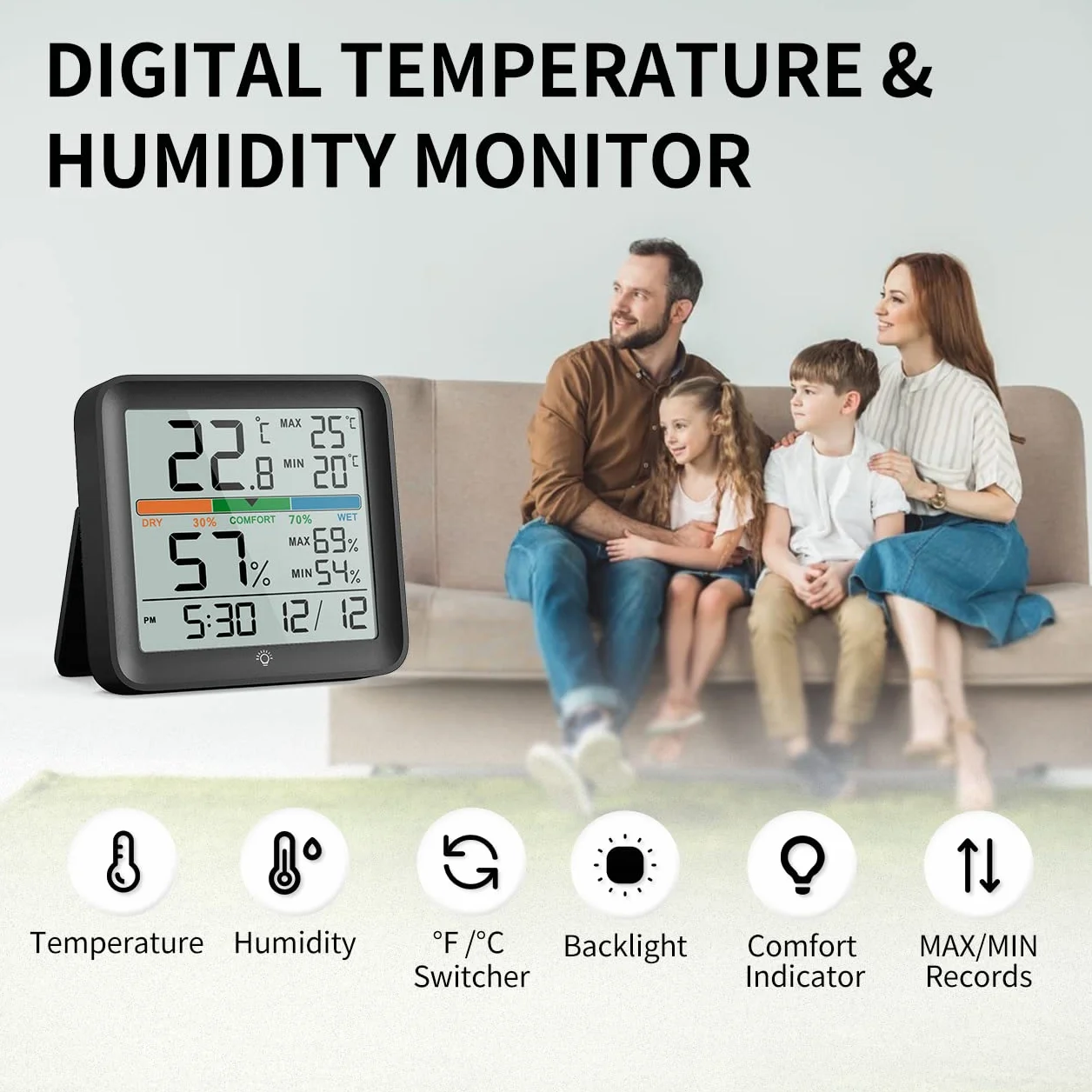 NOKLEAD Cyfrowy higrometr termometr pokojowy LCD z podświetleniem dotykowym, rejestracja min/maks, komfort, zegar, data, 7cm