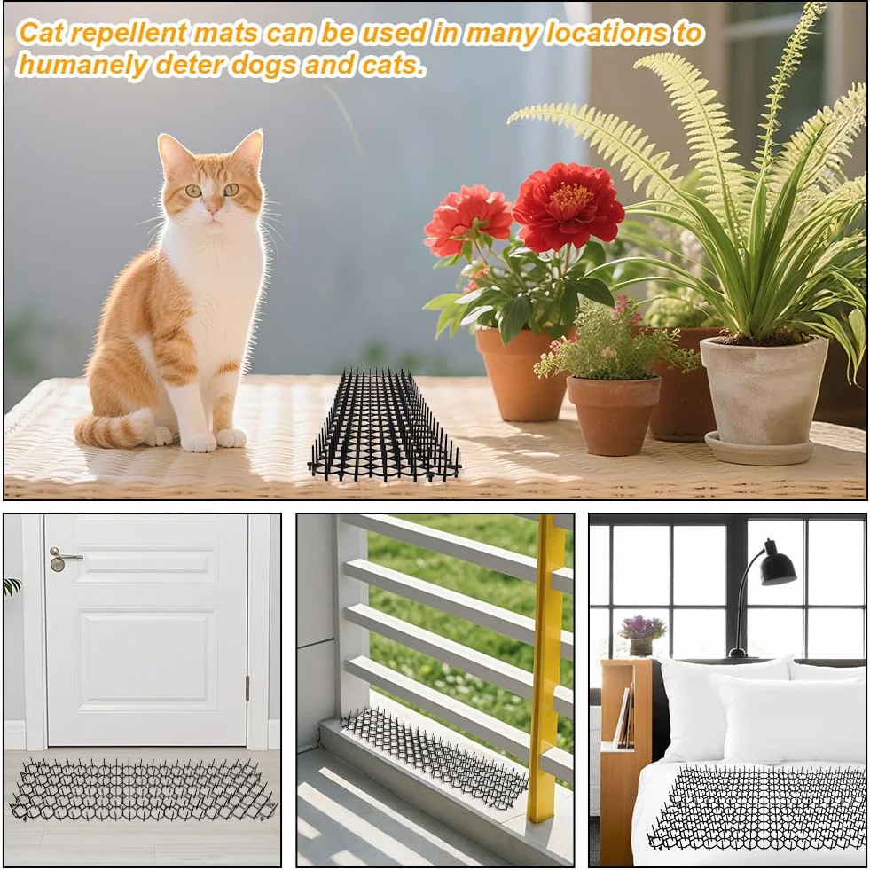 Flintronic 12 szt. kolców przeciw kotom, mata 20 x 15 cm przeciw kotom z kolcami, mata odstraszająca koty, maty z kolcami zatrzymujące kopanie, płaski pasek z kolcami zatrzymujący kopanie z 8 kołkami