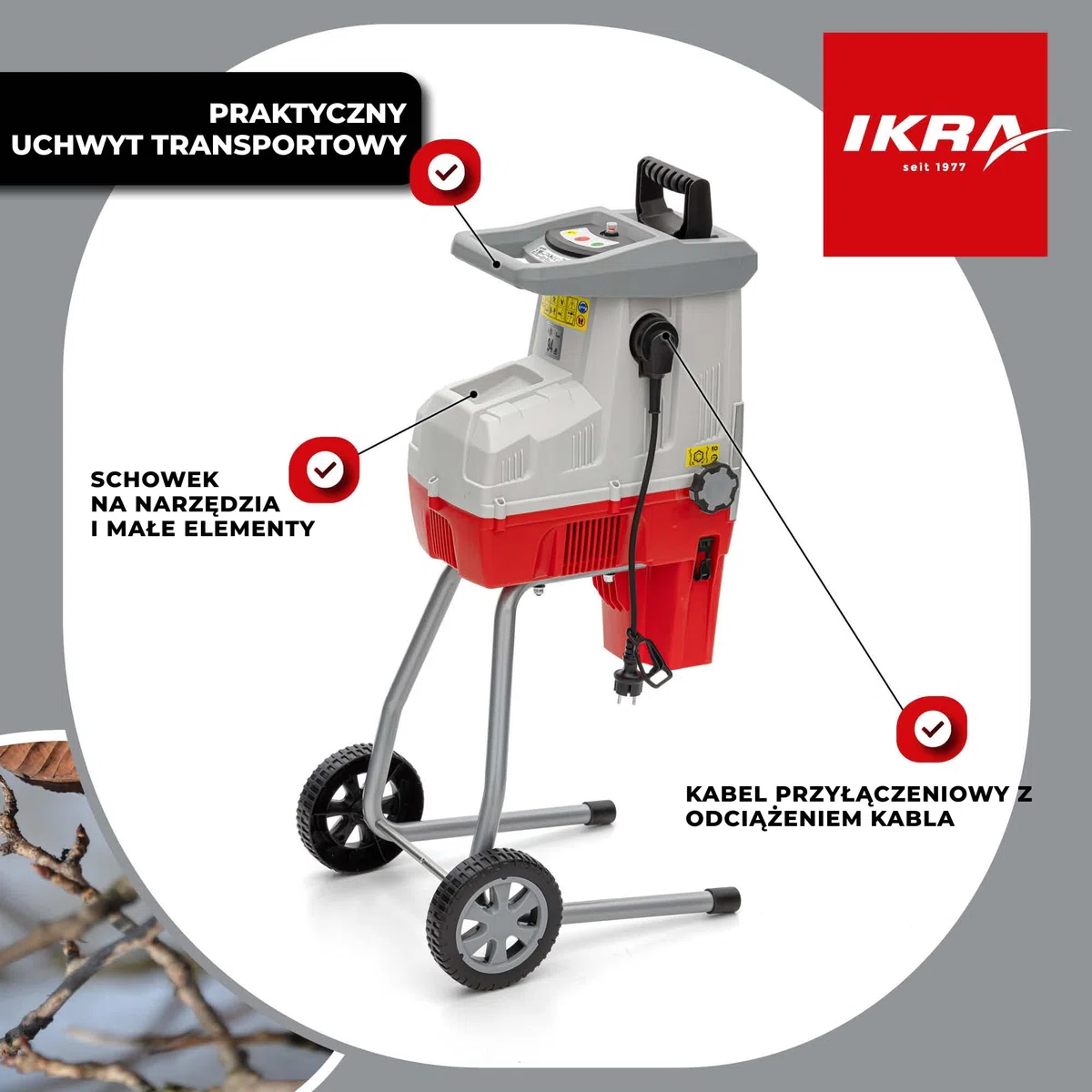 IKRA Rozdrabniacz do gałęzi elektryczny ILH 3000S, gałęzie do 44mm | Mocny silnik 3000W, cichy, solidny i łatwy w utrzymaniu, automatyczny wciąg gałęzi oraz bieg wsteczny