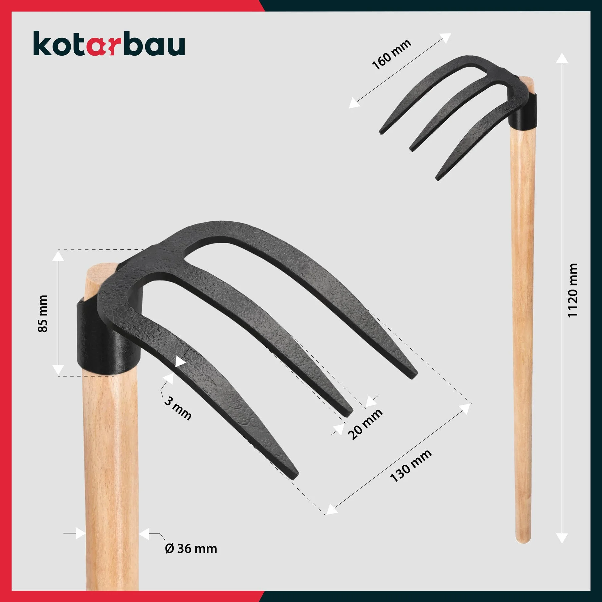 KOTARBAU® Motyka do ziemniaków z 3 zębami, drewniany trzonek 110 cm, rolnicza motyka ze stali, narzędzie ogrodnicze, akcesoria ogrodowe, narzędzia ogrodowe, narzędzia ogrodowe, narzędzia ręczne, hak