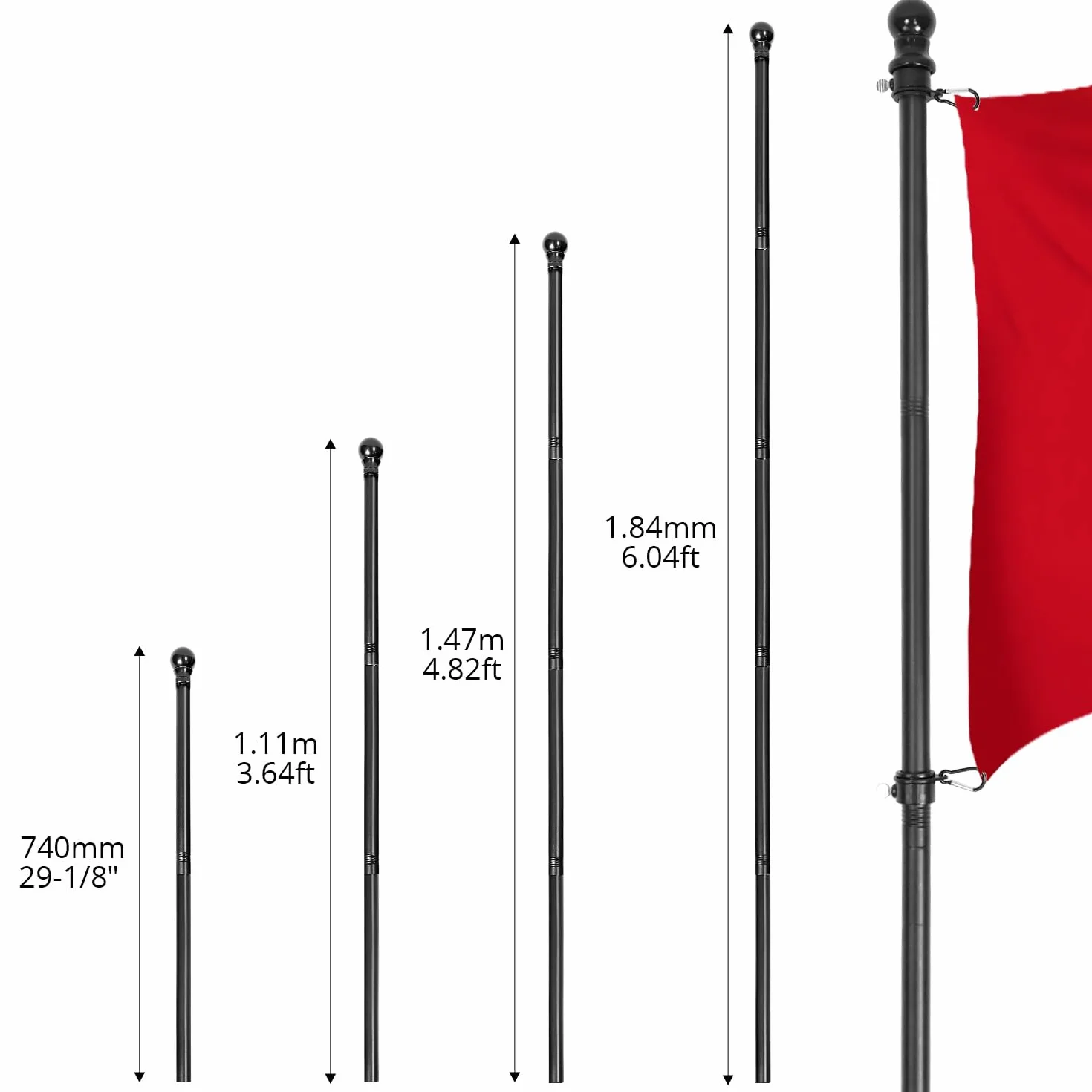 QWORK® Nieplączący się zestaw masztu flagowego – 1,8 m, metalowy maszt flagowy z uchwytem ściennym, nakładką kulkową i pierścieniami obrotowymi o 360°, do użytku na zewnątrz, domu, ogrodu,