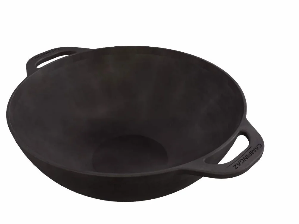 Campingaz Mandarin grill gazowy z systemem modułowym, nieprzywierająca patelnia żeliwna z uchwytami, Ø 32 cm, wysokość 12 cm, wok, akcesoria do grilla do azjatyckich potraw warzywnych, szary
