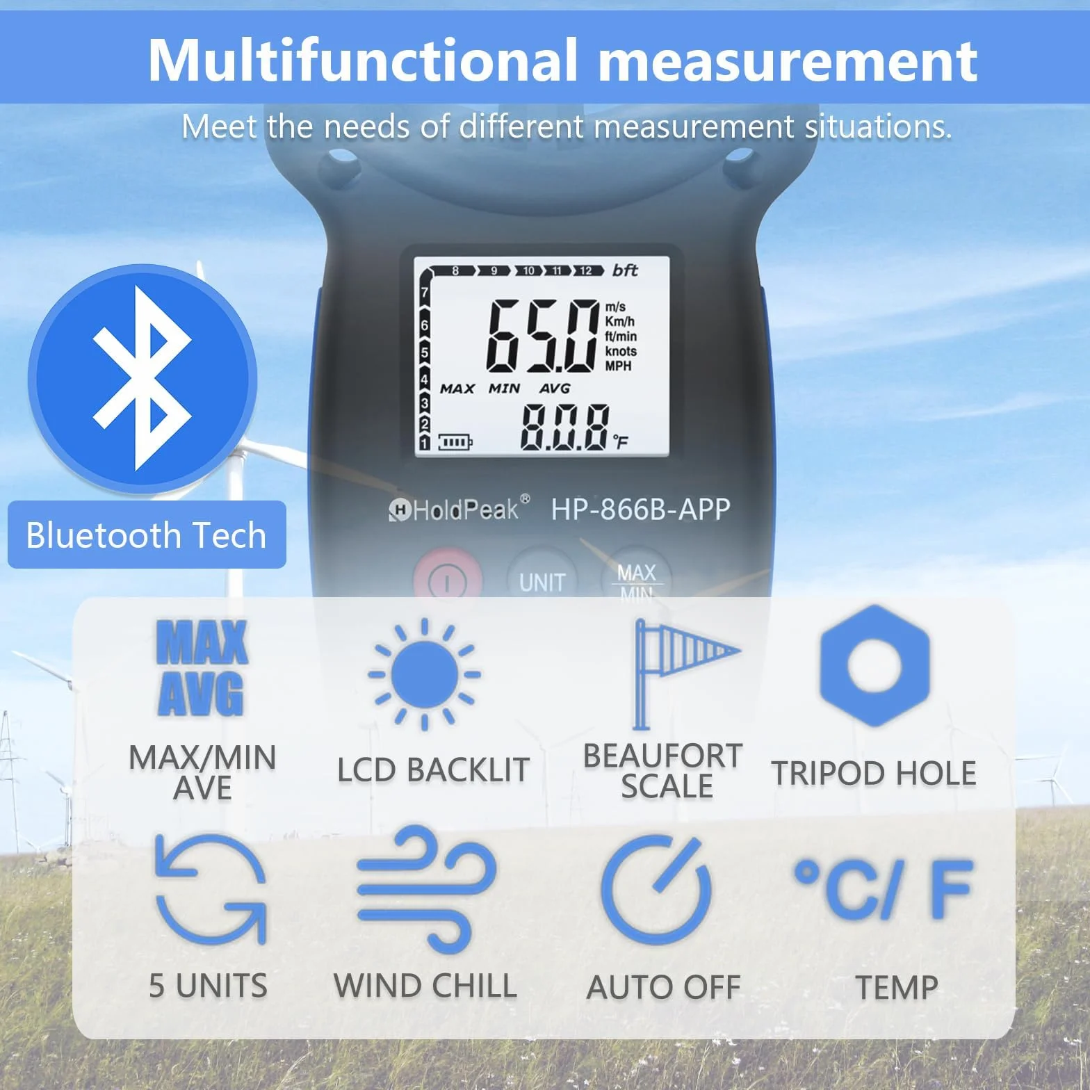 HoldPeak Cyfrowy anemometr HP-866B-APP Prędkość wiatru Bluetooth