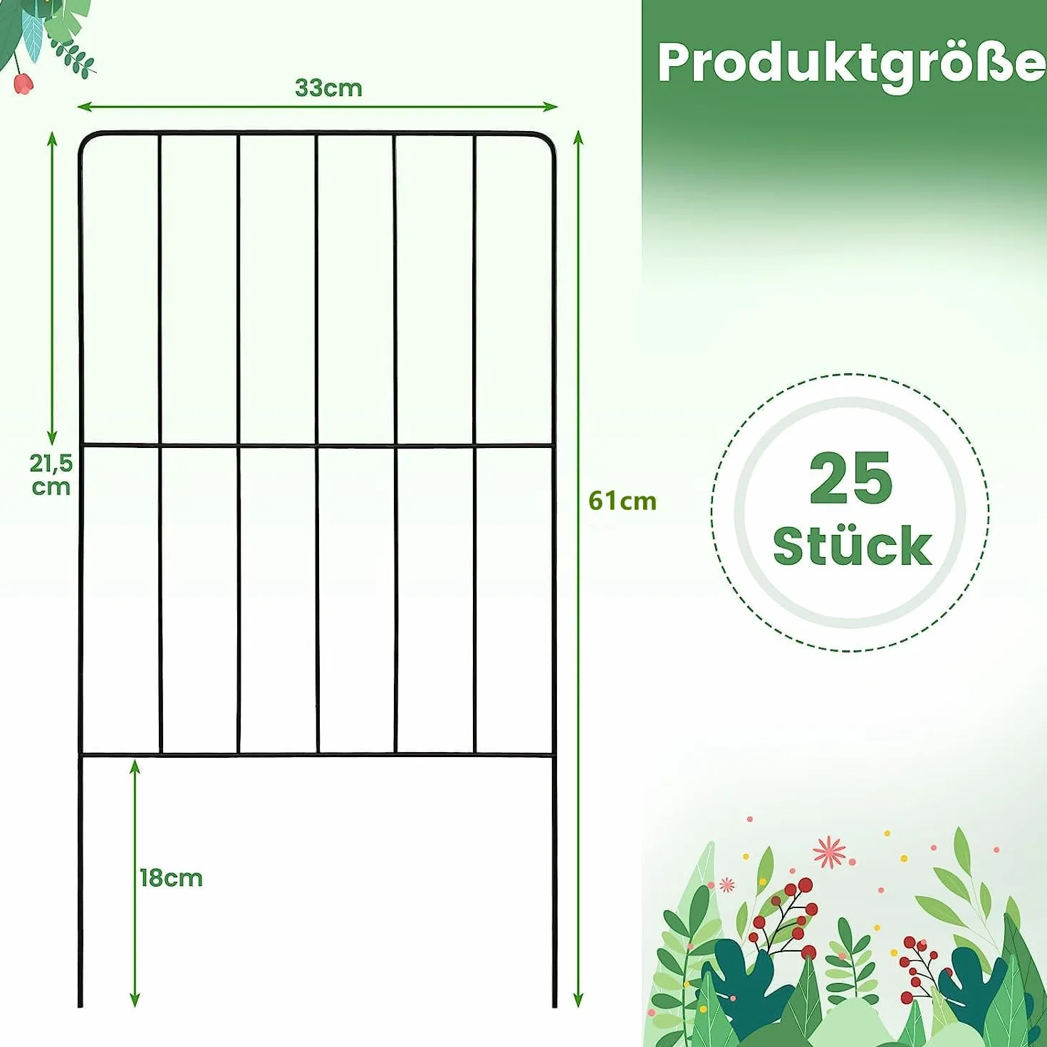 COSTWAY Płotek Ogrodowy 25 Elementów Metalowy, Dekoracyjne Ogrodzenie 60 cm, Płotek Wbijany Bariera dla Zwierząt do Rabat, Trawnika, Oczka Wodnego, Składany, Czarny