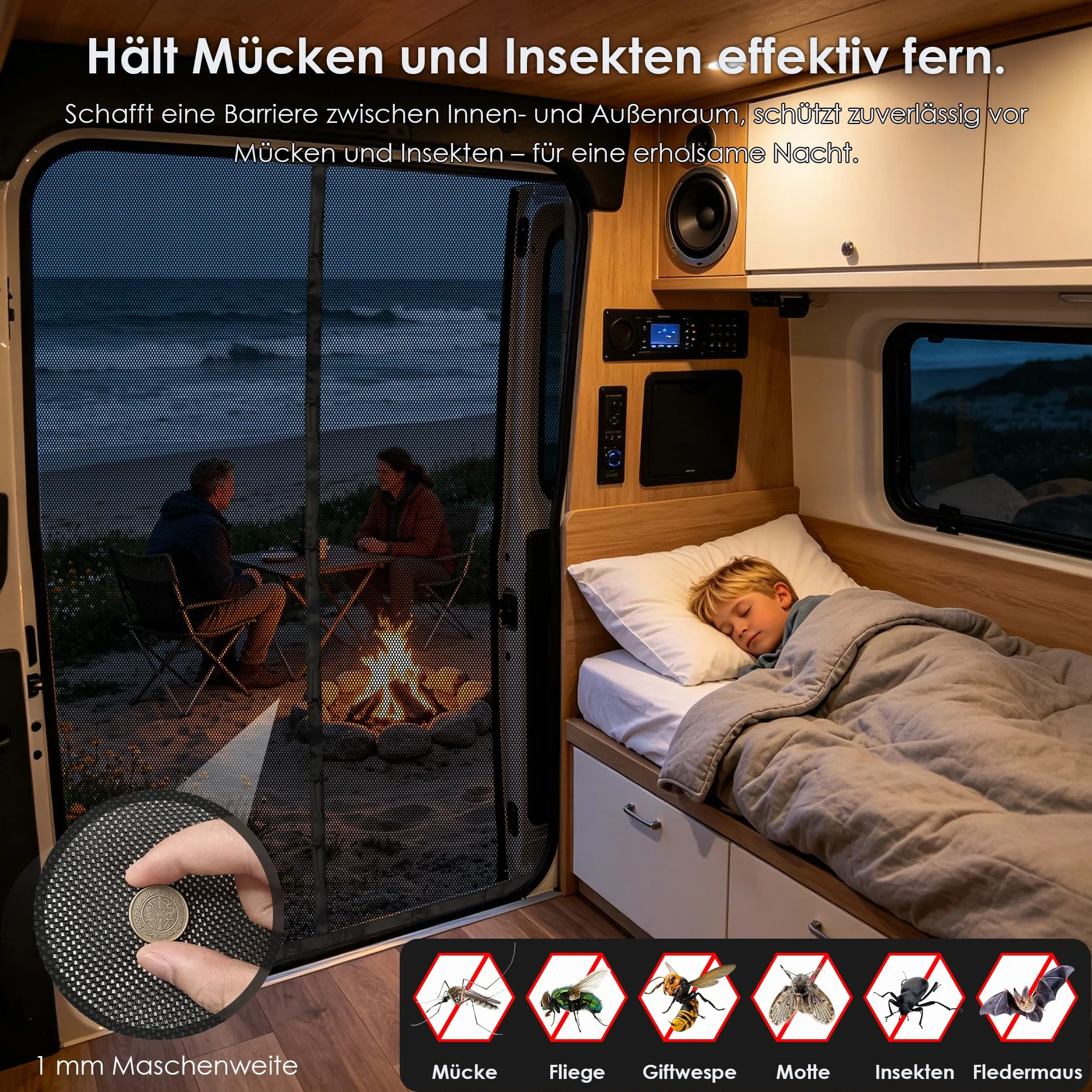 Moskitiera magnetyczna do VW T5 T6 drzwi bocznych, automatyczne zamknięcie na magnes środkowy, 122 g/m² poliester o wysokiej gęstości, siatka 1 mm, ochrona przed owadami na kemping, do aktywności na