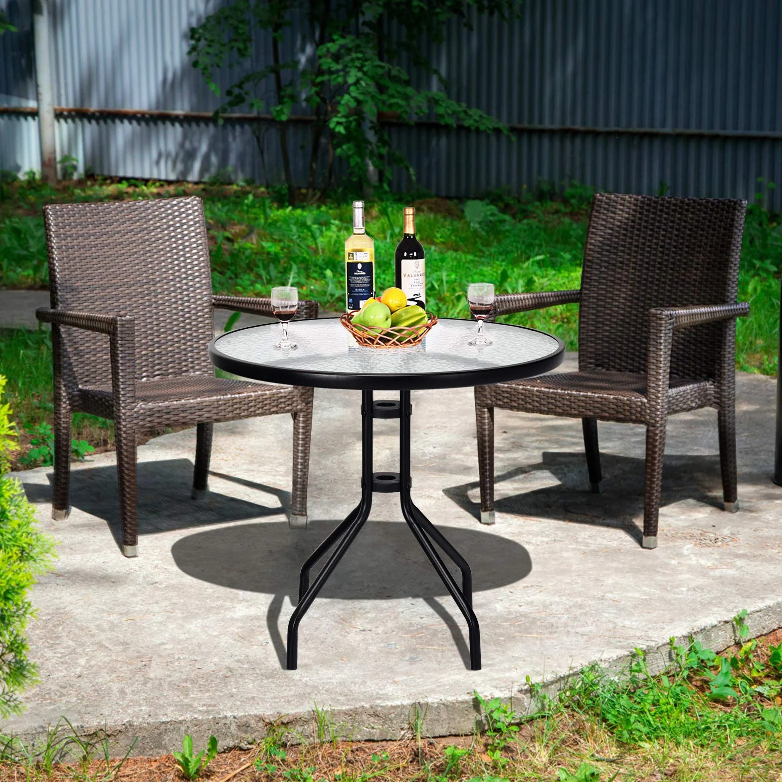 COSTWAY Stół ogrodowy z blatem z hartowanego szkła, 70 x 70 x 71 cm, stół tarasowy z otworem na parasol i metalową ramą, okrągły stół balkonowy, stół do jadalni na podwórko, taras, do ogrodu