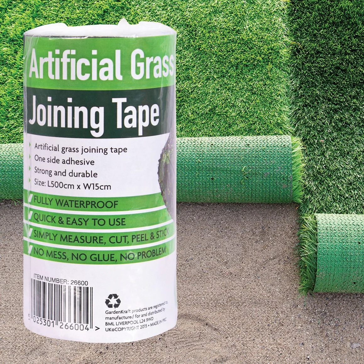 GardenKraft 26600 5 m x 15 cm sztuczna trawa taśma łącząca/samoprzylepna taśma do zszywania/w pełni odporna na warunki atmosferyczne taśma ze sztucznej trawy