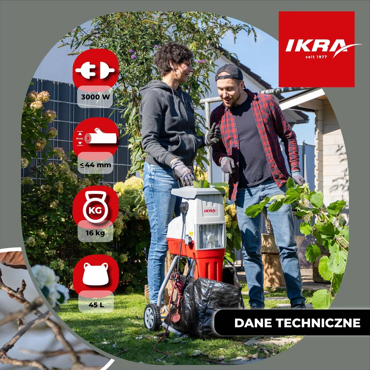 IKRA Rozdrabniacz do gałęzi elektryczny ILH 3000S, gałęzie do 44mm | Mocny silnik 3000W, cichy, solidny i łatwy w utrzymaniu, automatyczny wciąg gałęzi oraz bieg wsteczny