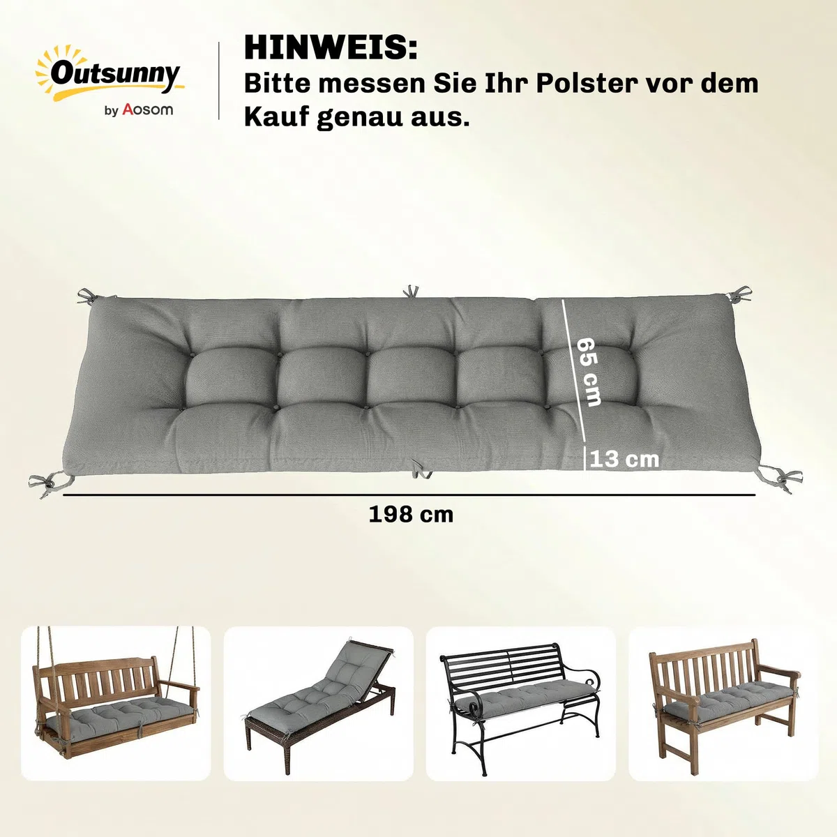 Outsunny Poduszki na palety, zdejmowane, do użytku na zewnątrz, 198 x 65 x 13 cm, jasnoszare | Poduszki do siedzenia, poduszki na palety z taśmami mocującymi, nakładki na palety do większości leżaków, odporne na warunki