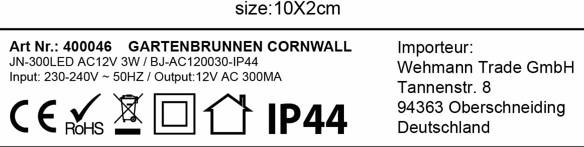 Wehmann Terrassenbrunnen Fontanny ogrodowe Cornwall z oświetleniem, antyczny mosiądz/czarny