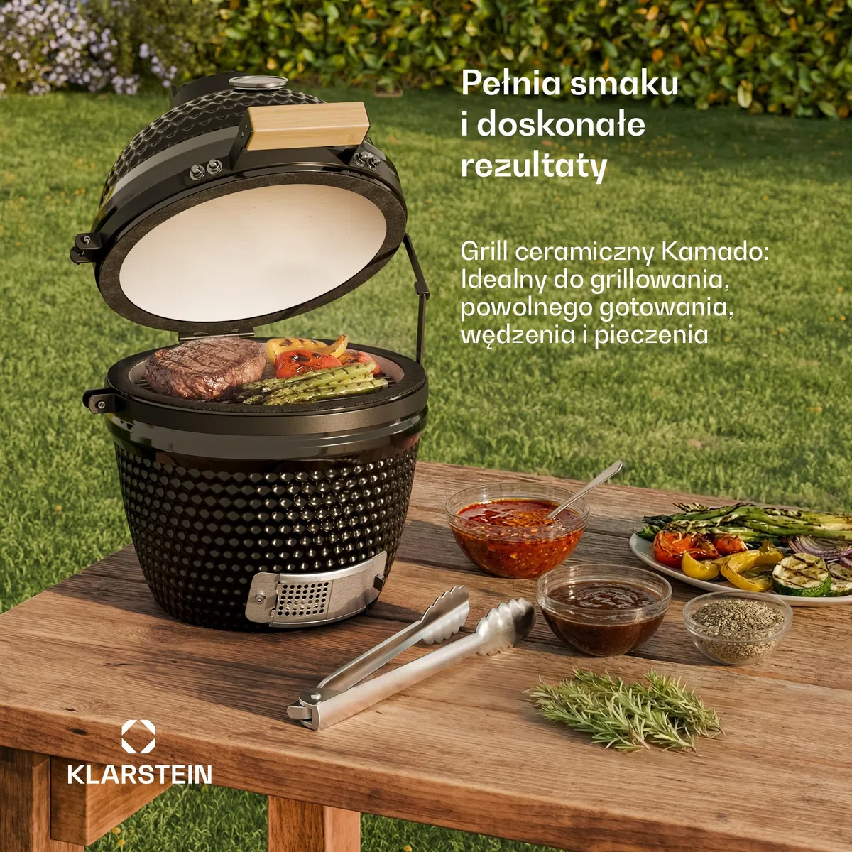 Klarstein Princesize grill Kamado, ceramiczny grill na węgiel drzewny, z pokrywką, ceramika, dobre magazynowanie ciepła, termometr wewnętrzny, drewniany uchwyt, zdejmowany stelaż, czarny