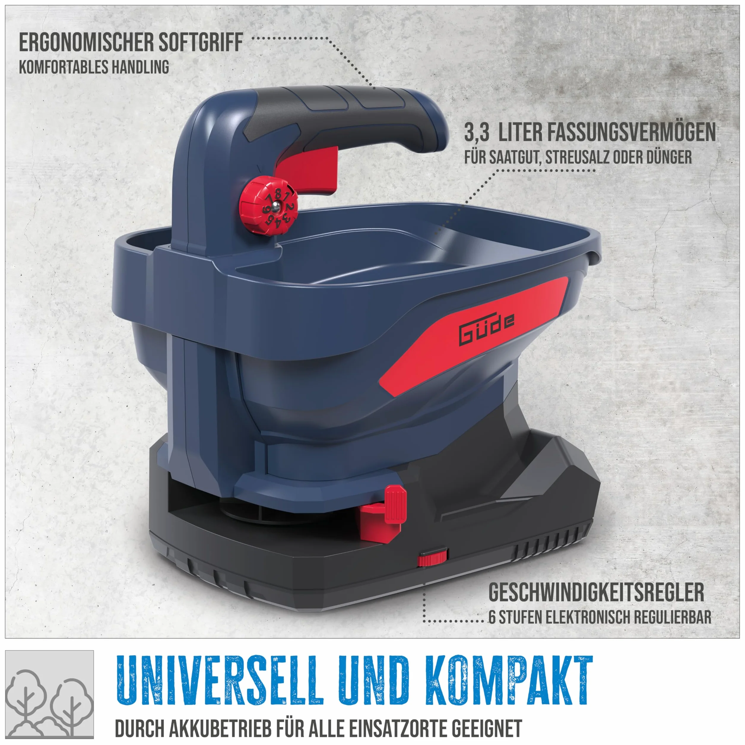 Güde GUS 18-201-05 uniwersalny rozsiewacz akumulatorowy (18 V, litowo-jonowy, szerokość rozpraszania 5 m, 6 poziomów prędkości, 8 poziomów natężenia rozrzutu, 6 kątów rozpraszania, pojemność 3,3