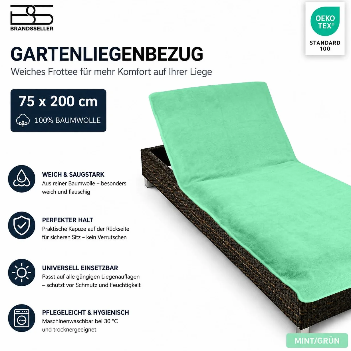 Brandsseller Pokrowiec ochronny na leżak ogrodowy 75 x 200 cm miętowy
