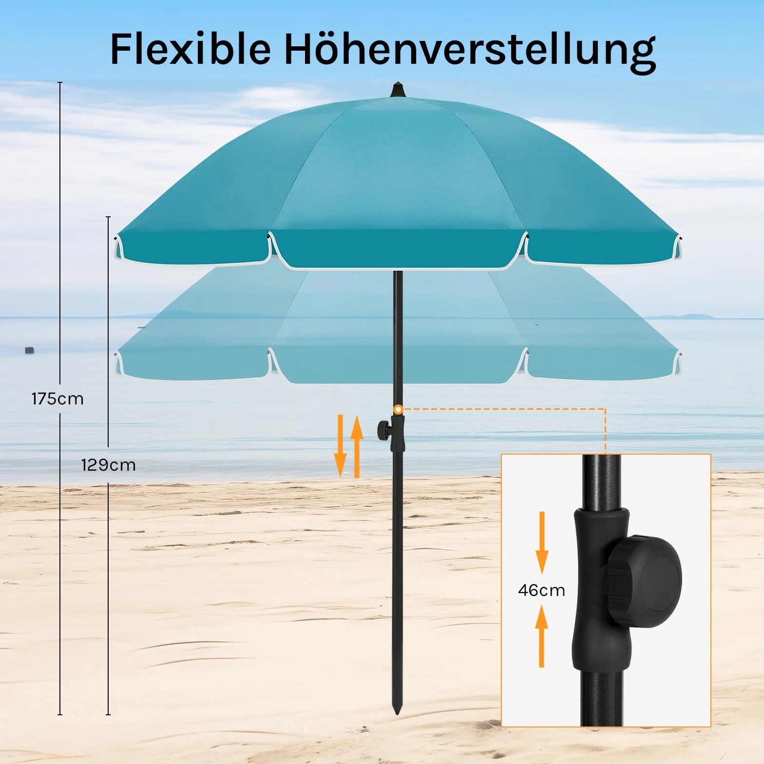 WOLTU Parasol przeciwsłoneczny, na plażę, odporny na działanie promieni UV, wodoszczelny, z regulacją wysokości, możliwość zginania w zakresie 45°, ochrona przed słońcem, na balkon, taras, plażę, do
