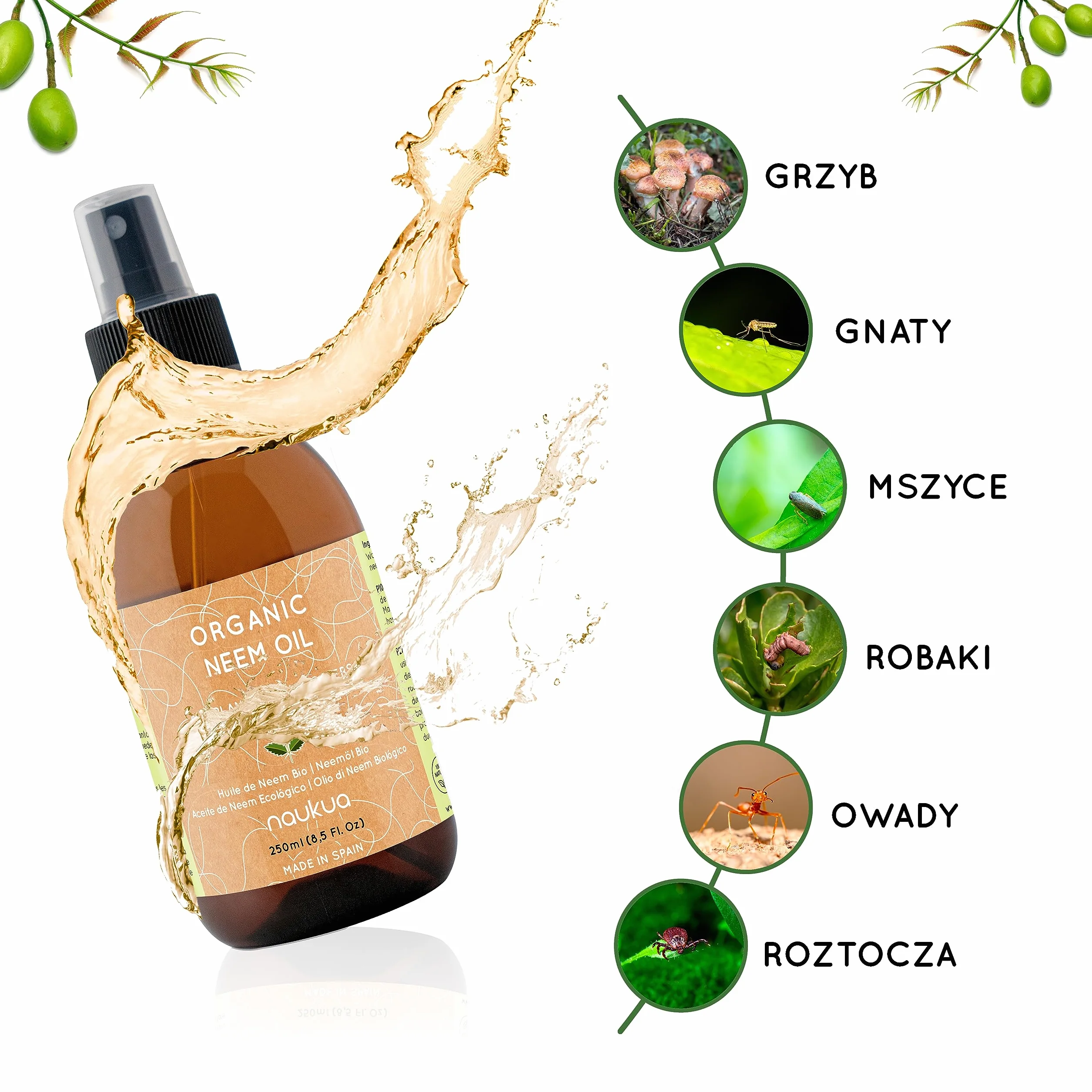 250ml Organiczny Olejek z Miodli Indyjskiej Do Roślin - 100% Naturalny i Nietoksyczny - Ochrona i Obrona Przed Wszystkimi Rodzajami Szkodników, Owadów i Chorób - Rośliny Wewnątrz i Na Zewnątrz - Gotowy Do Użycia Spray.
