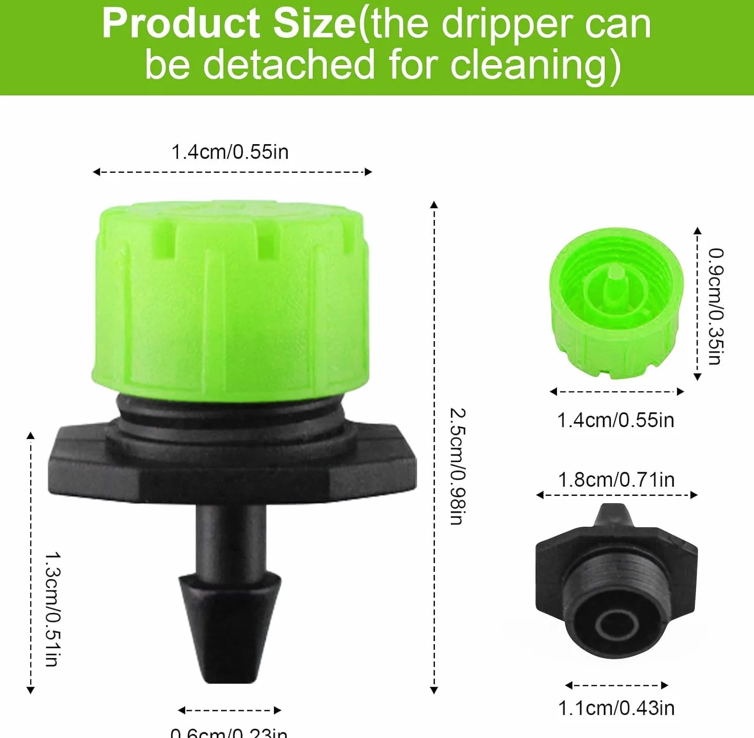 100 sztuk regulowanych kroplomierzy nawadniających 1/4", 360°, mikro-emiter do systemów nawadniania ogrodu, odporny na zapchanie się, do węży 4 mm/7 mm, zielony