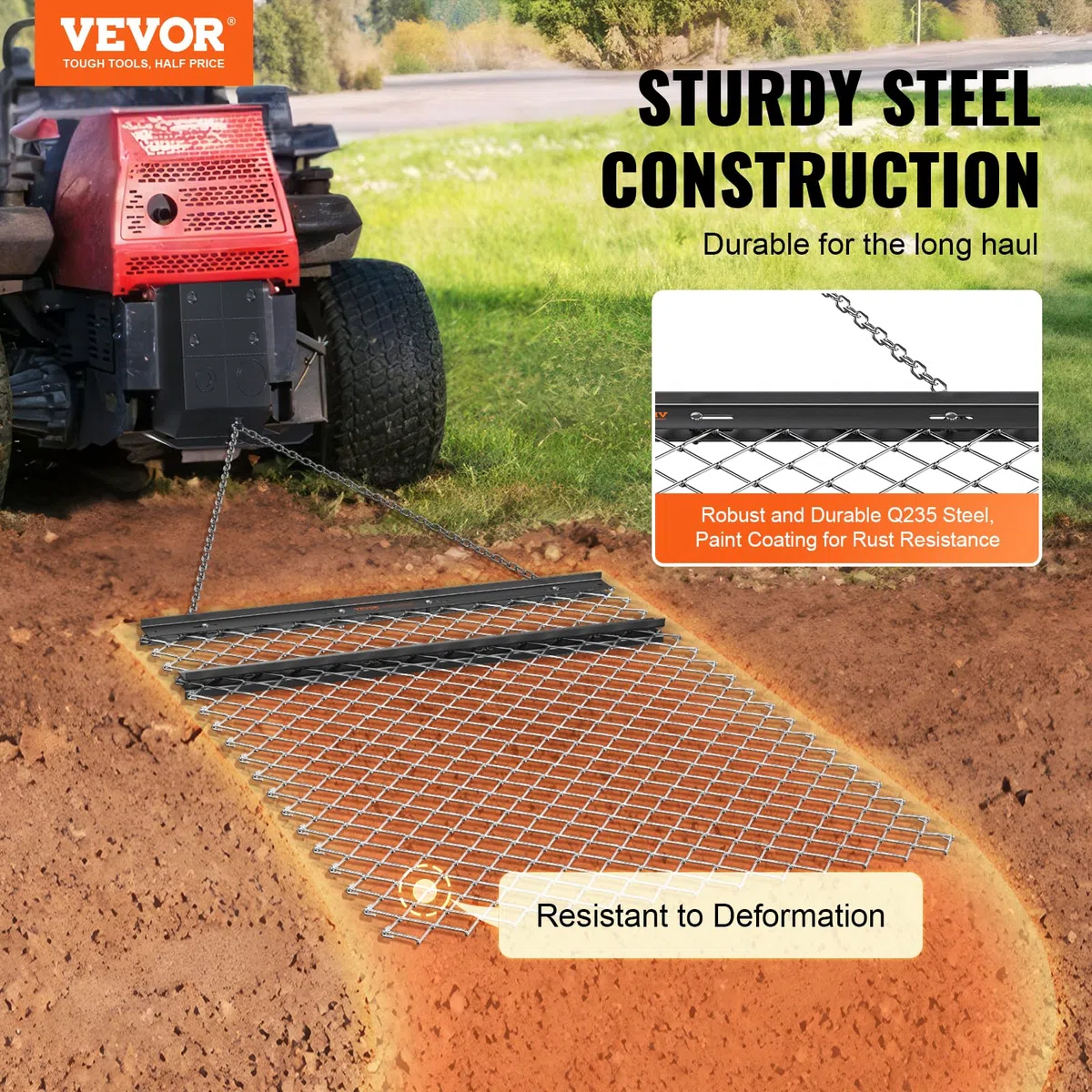 VEVOR Grabie Niwelator do trawy łańcuchowej ciągnionej 1550 x 1235 mm, stalowy niwelator gruntu Q235 pasek do ciągnięcia, poziomowanie krajobrazu, przygotowanie trawnika, ciągnięty