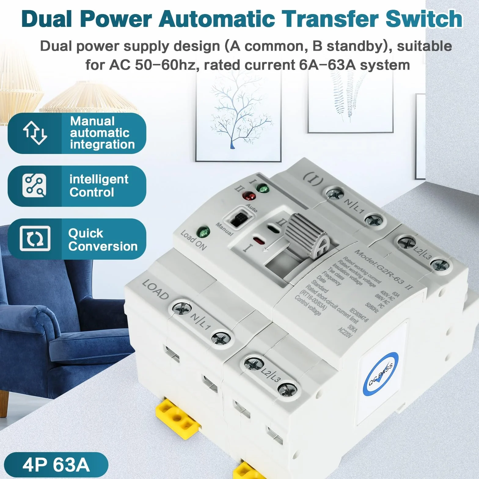 DEWIN Automatyczny przełącznik transferowy, ATS G2R 4P 63A, szyna DIN, Dual Power, automatyczny przełącznik transferowy, elektryczny przełącznik wyboru, 220V