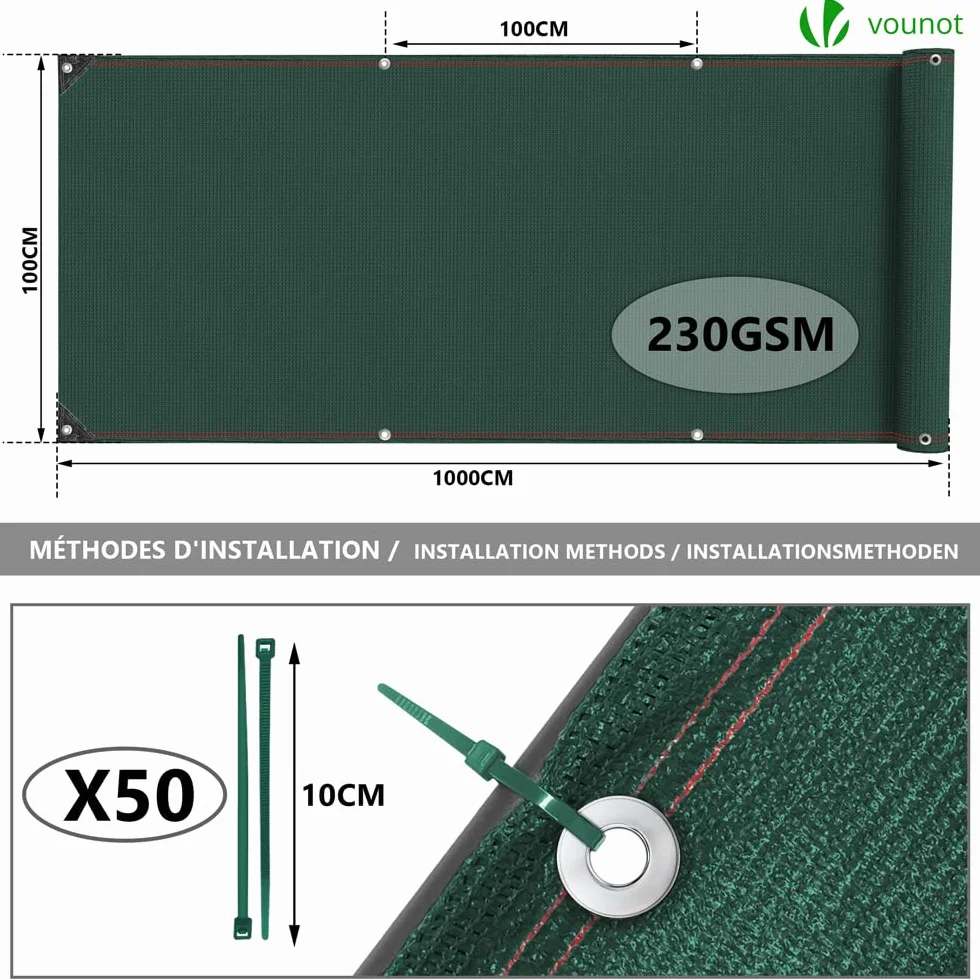 VOUNOT Siatka maskująca 1 x 10 m, HDPE, 230 g/m², 95% zacienienia, zielona