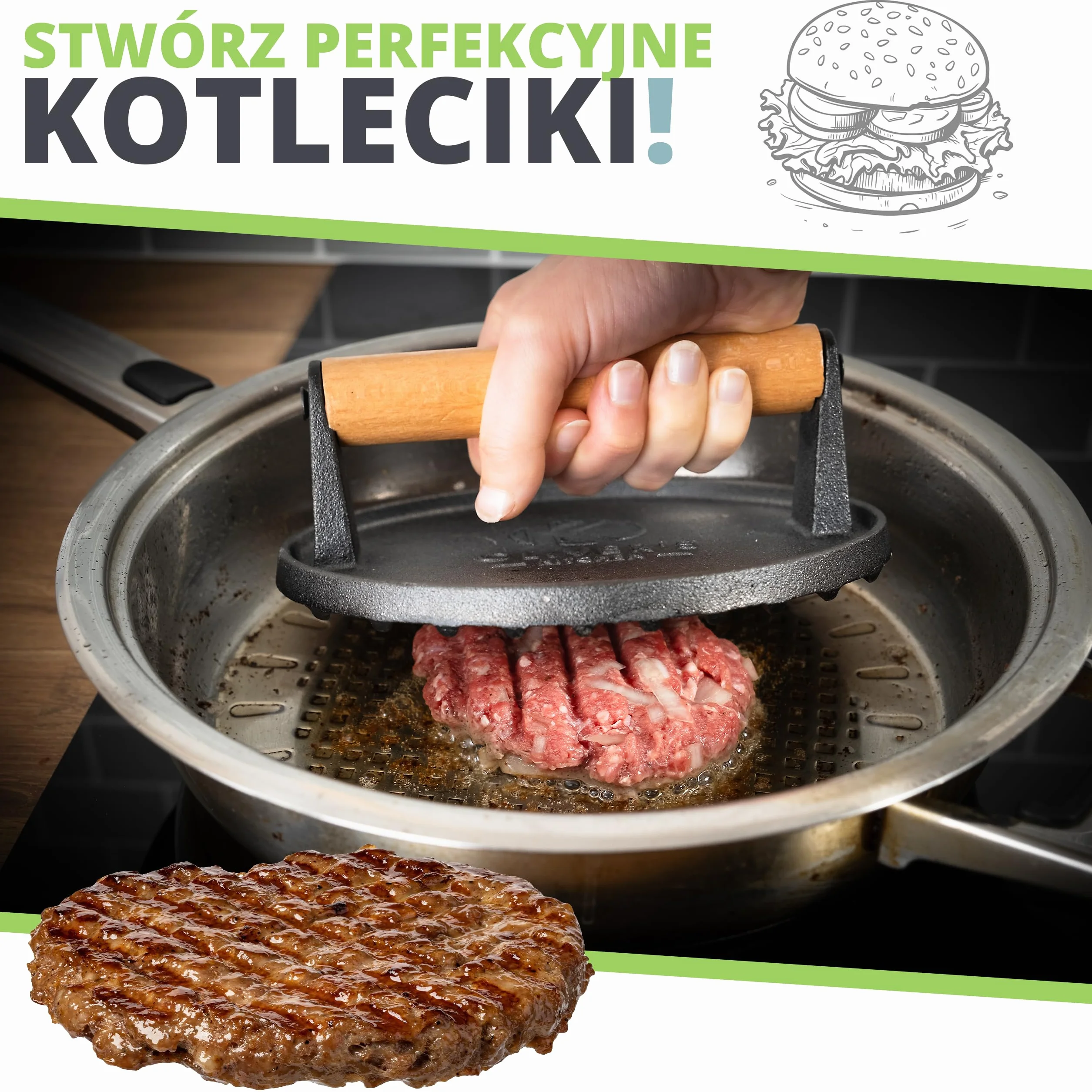 Oliver's Kitchen ® Prasa do Burgerów - Wysokiej Jakości, Wytrzymała, Żeliwna Praska do Hamburgerów - Ręczna Prasa do Mięsa z Wygodnym Uchwytem i Nieprzywierającą Powłoką - Idealne Domowe Burgery